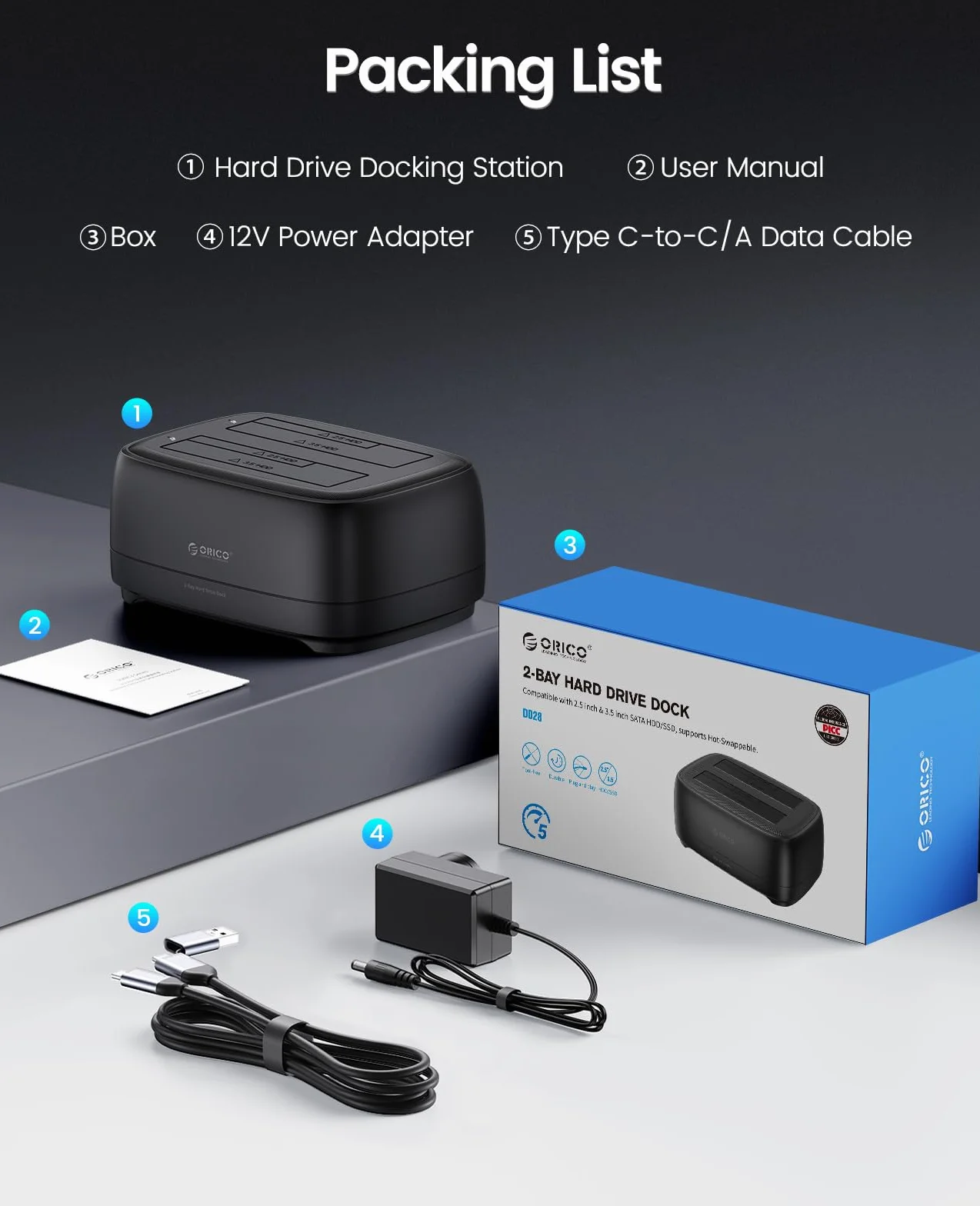 ORICO Stacja dokująca do dysków twardych z dwoma kieszeniami USB 3.2 Gen 1, obudowa dysku twardego do wszystkich standardowych dysków twardych 2,5" i 3,5" HDD/SSD do 2 x 20 TB z zasilaczem 12 V 3 A