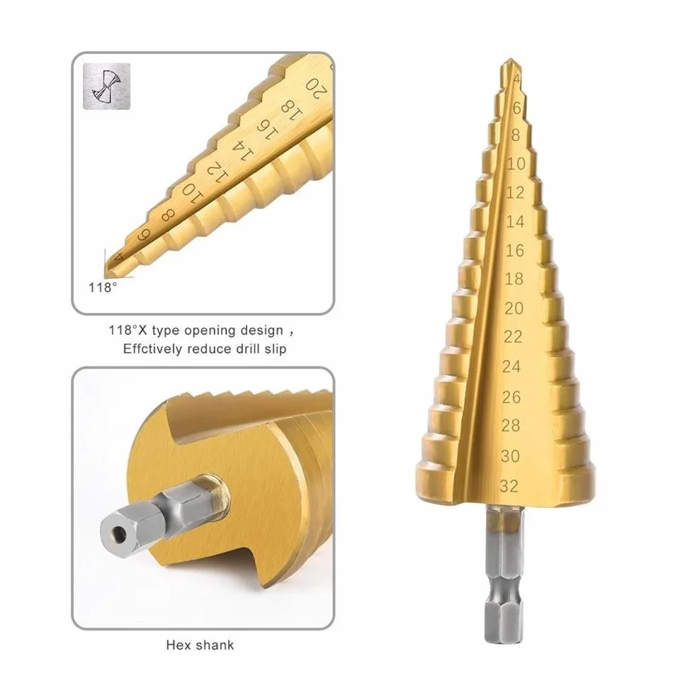 Wiercenie wiertła stopniowe HSS wiertło stopniowe do metalu drewno wiertło stożkowe wiertło stożkowe narzędzia do obróbki drewna (kolor: 1 szt. 4 32mm, kształt trzpienia: sześciokątny) (rozmiar (4 1