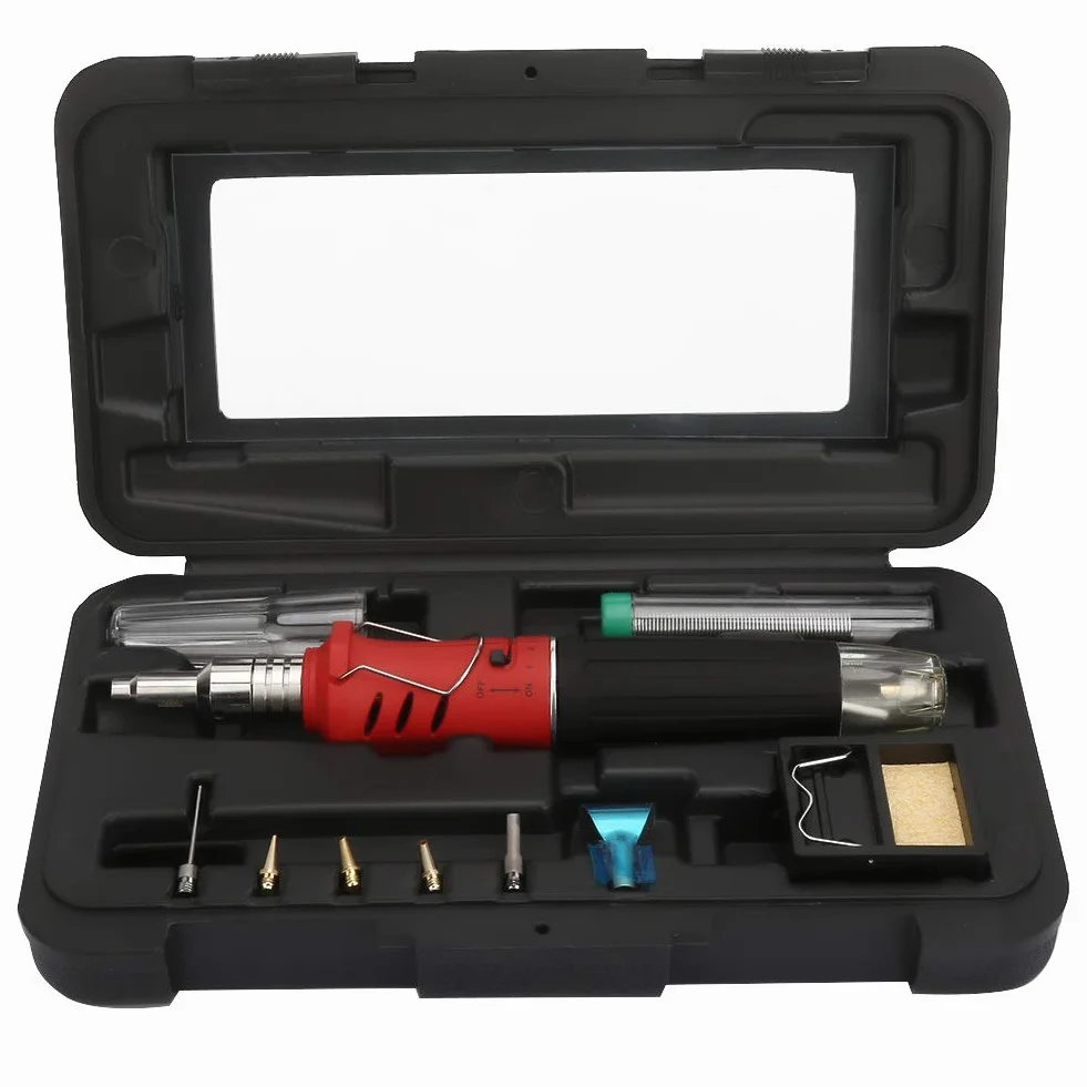 BiuZi Lutownica gazowa 1 zestaw HS-1115K wielofunkcyjny zestaw lutowniczy gaz butan 80-150 W bezprzewodowy zestaw lutowniczy gaz lutowniczy (czerwony, złoty) (kolor: Czerwony)