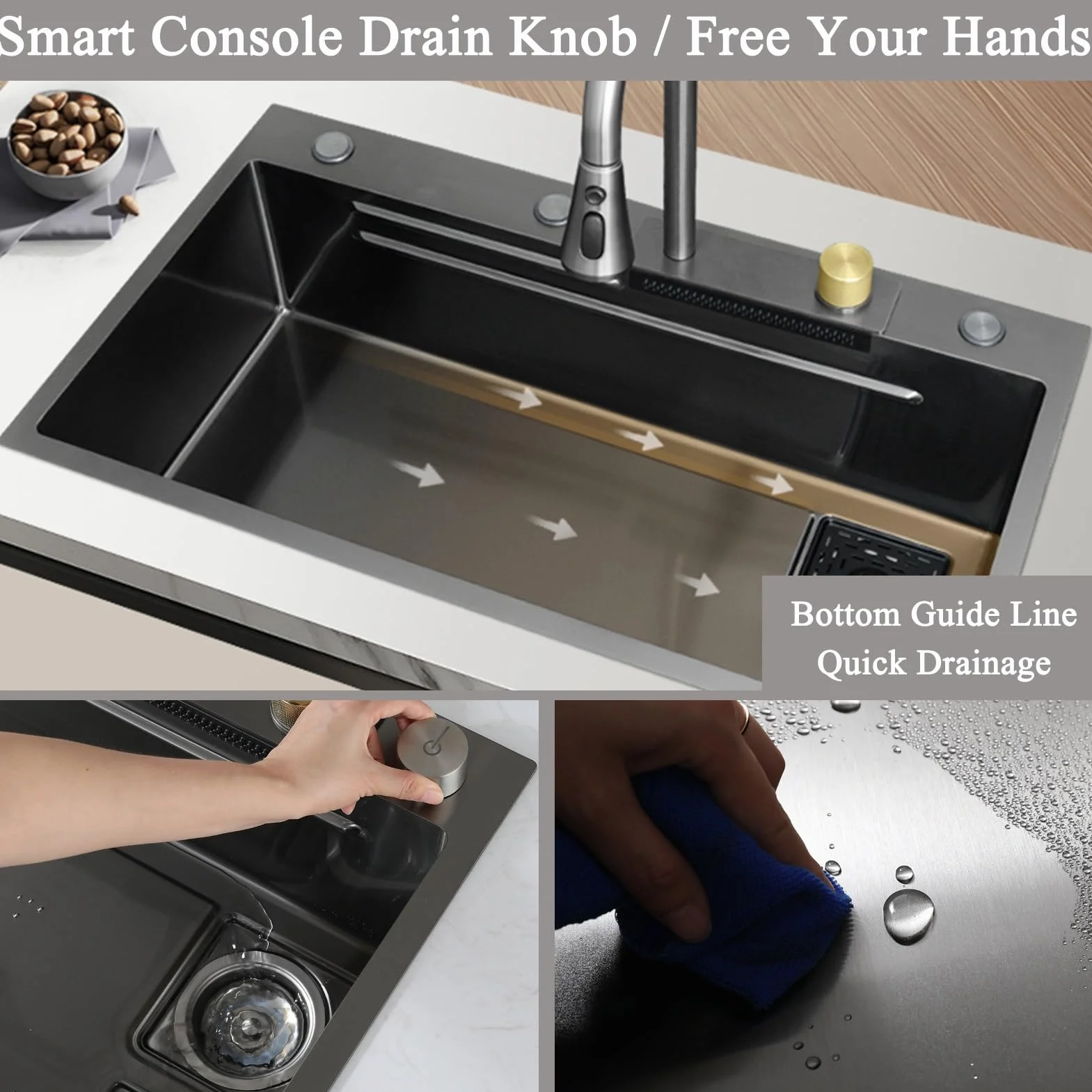 Waterfall Kitchen Sink Stainless Steel Top Mount Sink Black Nano Single Bowl Sink Multifunctional Workstation Sink With Pull-out Faucet, Glass Cup Washer, Drain Basin, Drainage Assembly(80x45x22cm)