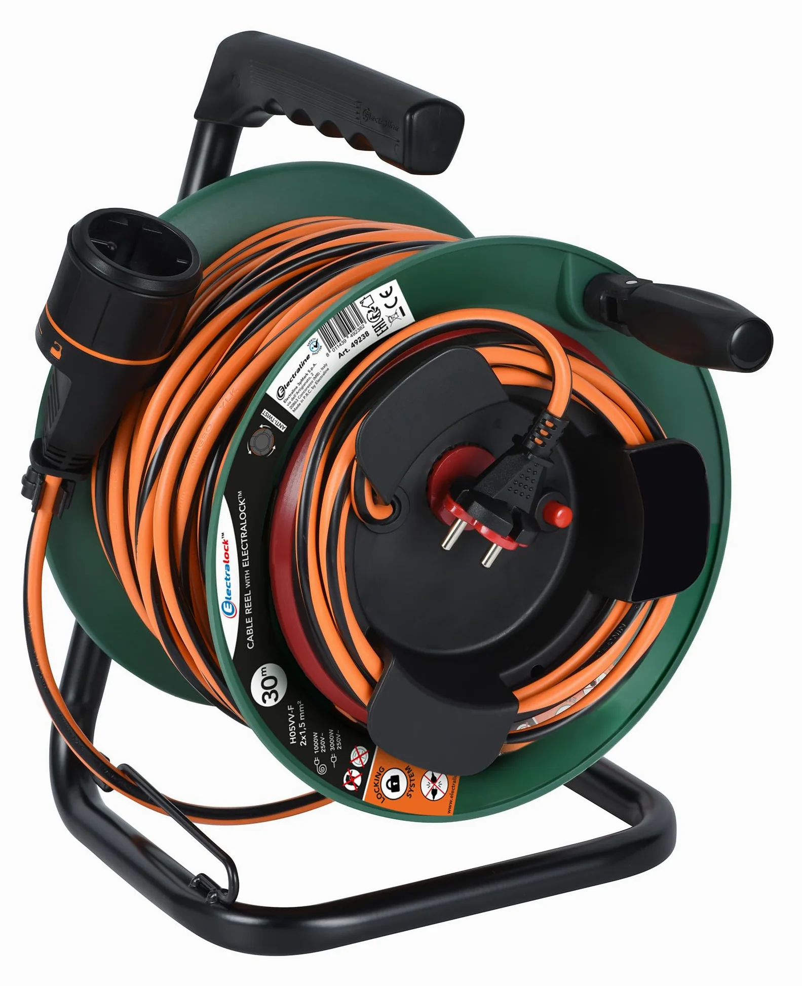 Electraline 49238 Przedłużacz przedłużający Jardín ze stałym platynowym nawijaczem 30M 2x1,5 mm z europejską wtyczką Electralock wyposażoną w system blokowania, który zapobiega odłączeniu wtyczki i