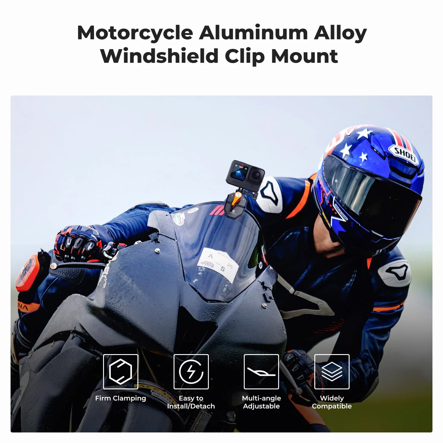 K&F CONCEPT Zacisk na przednią szybę motocykla do Go Pro Hero 13/12/11, uchwyt ze stopu aluminium, zacisk do DJI Osmo Action 3/4/5 Pro/6 Insta360 X5/X4, DJI Osmo 360 Action Akcesoria do kamery