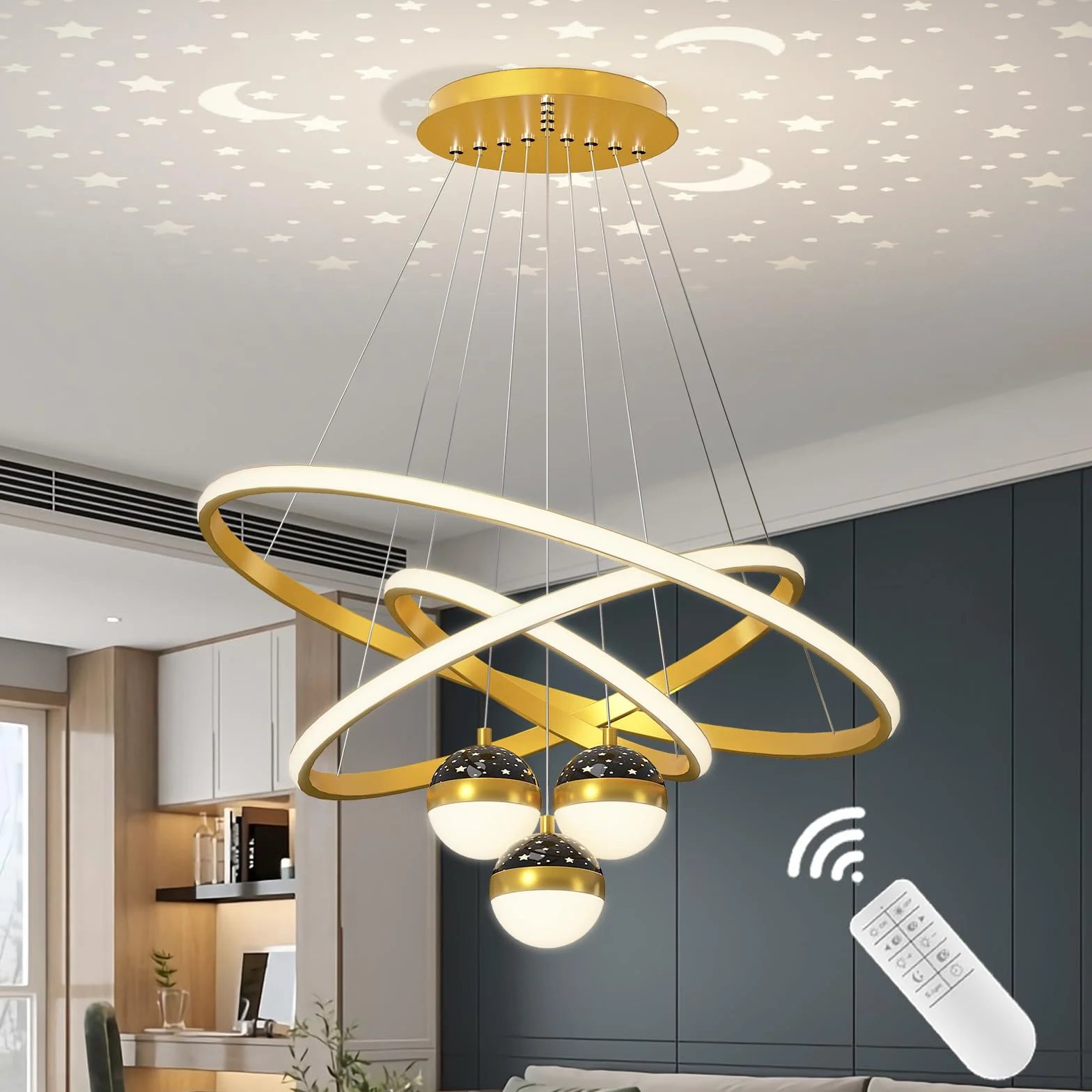 Żyrandole LED, lampa sufitowa, 3 złote lampy na wyspie kuchennej z pilotem zdalnego sterowania, lampa wisząca, 30 + 40 + 60 cm, nowoczesne lampy sufitowe z możliwością przyciemniania pamięci