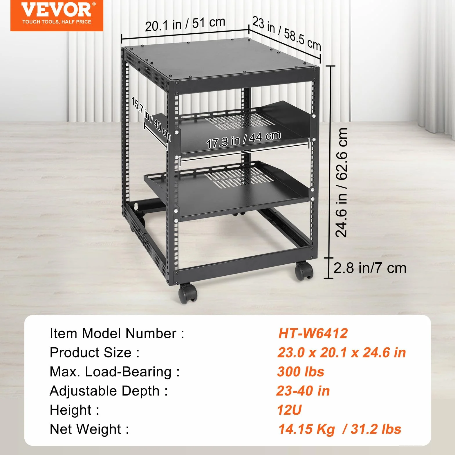 VEVOR Regał serwerowy 12U z otwartą ramą, regulowana głębokość 38–102 cm, wolnostojący lub ścienny stojak serwerowy, stojak na 4 słupki AV z kółkami, pomieści cały sprzęt IT, modem routera AV Gear