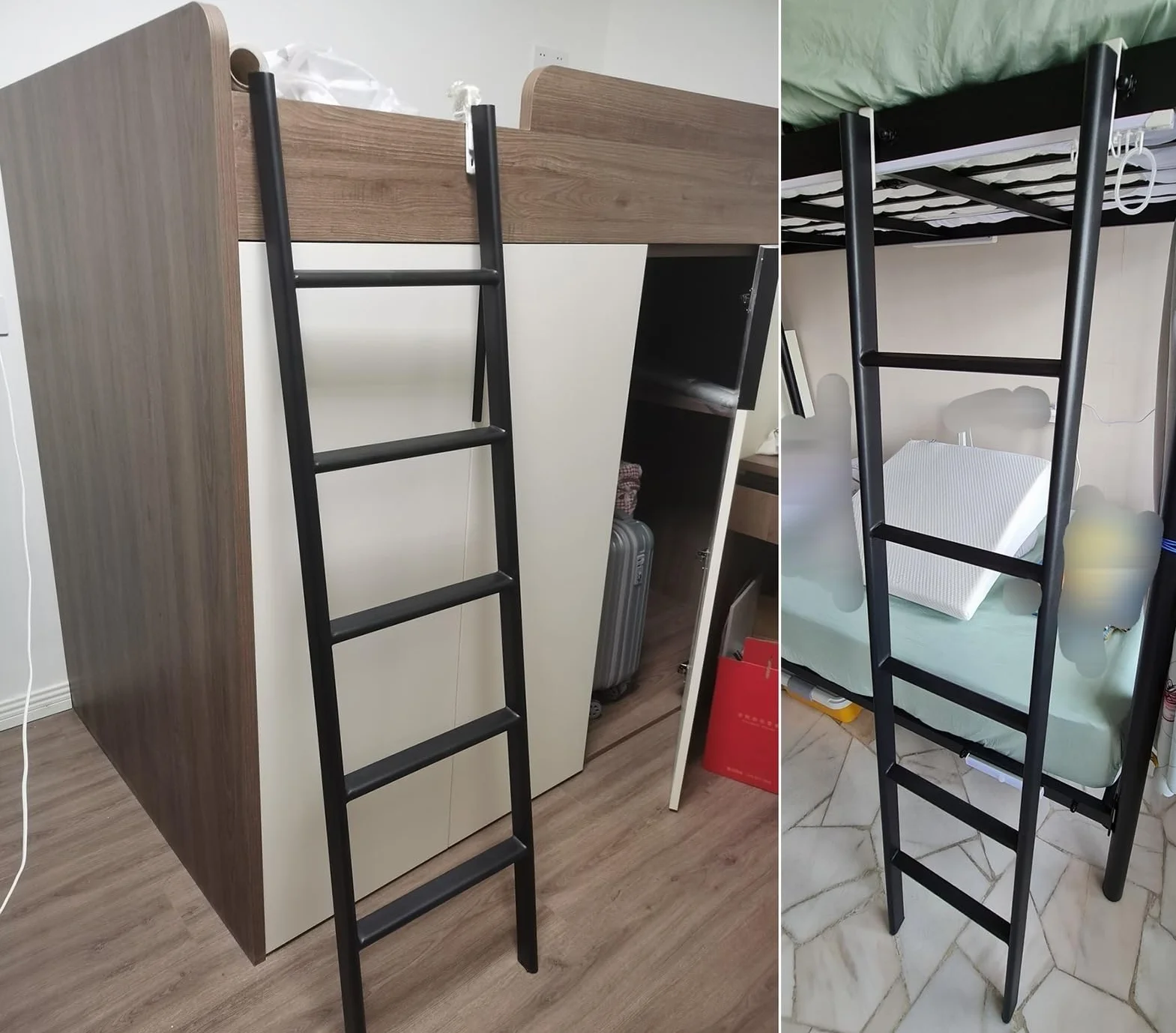 Drabinka do Łóżka Piętrowego dla Dzieci I Dorosłych Na Antresoli w Akademiku, Czarne Drabinki do Łóżka Piętrowego W Kamperze z Hakiem, Wymienna Krótka Drabinka z Szerokim Stopniem, Metalowa Drabinka O