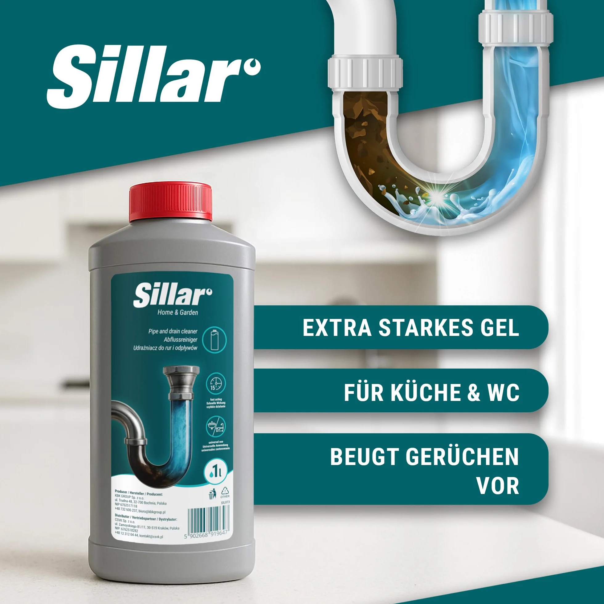 Sillar Żel do udrażniania rur 1000ml EXTRA MOCNY, rozpuszcza włosy, tłuszcz i resztki – do kuchni, prysznica i WC, efekt piany