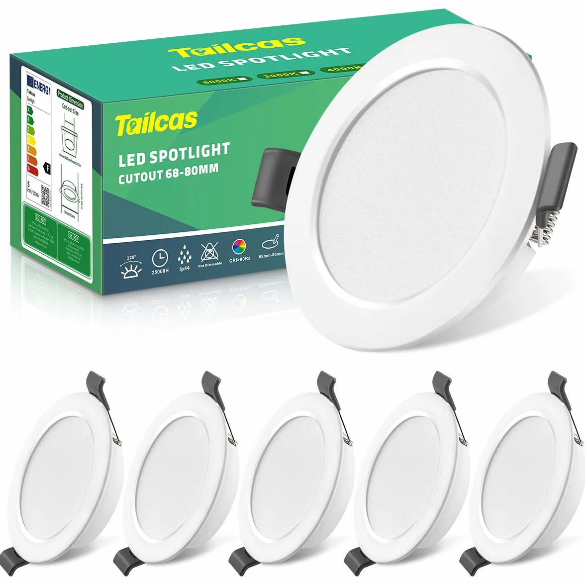 Reflektor LED do zabudowy 5 W, IP44 4000K, bardzo płaski, biały, neutralny 450 lm, zestaw 6 sztuk, otwór 68-80 mm, 230 V, 25 mm, wpuszczany do łazienki, kuchni, salonu przedpokoju