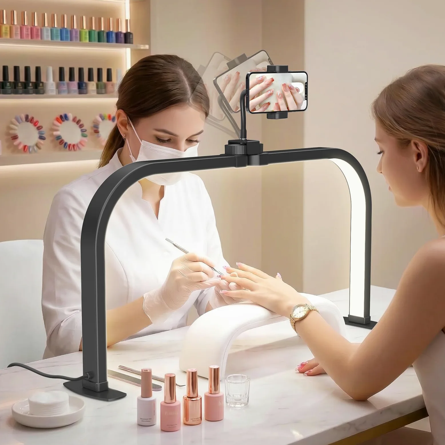 Lampa biurkowa z półksiężycem do paznokci: 29 cali LED półksiężyc lampa z uchwytem na telefon dla projektantów paznokci – 3 tryby kolorów i 10 poziomów jasności, lampa półksiężycowa do studia