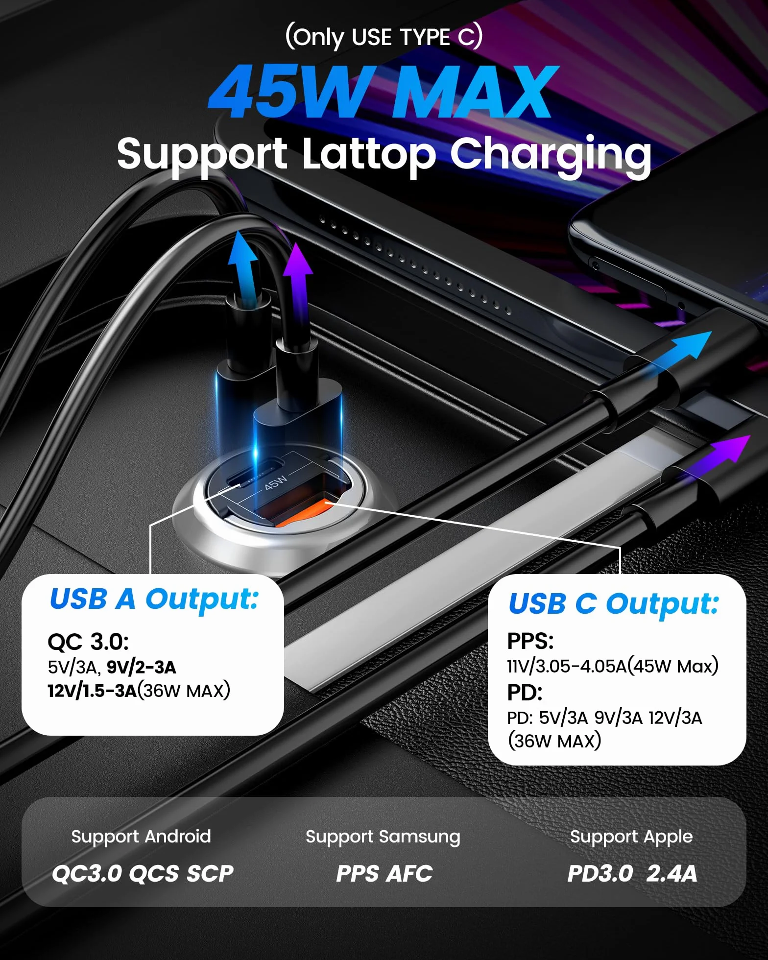Ładowarka samochodowa USB C PD PPS 45W QC 3.0 szybka ładowarka mini metalowa do iPhone 14 13 12 Pro Max Samsung Huawei