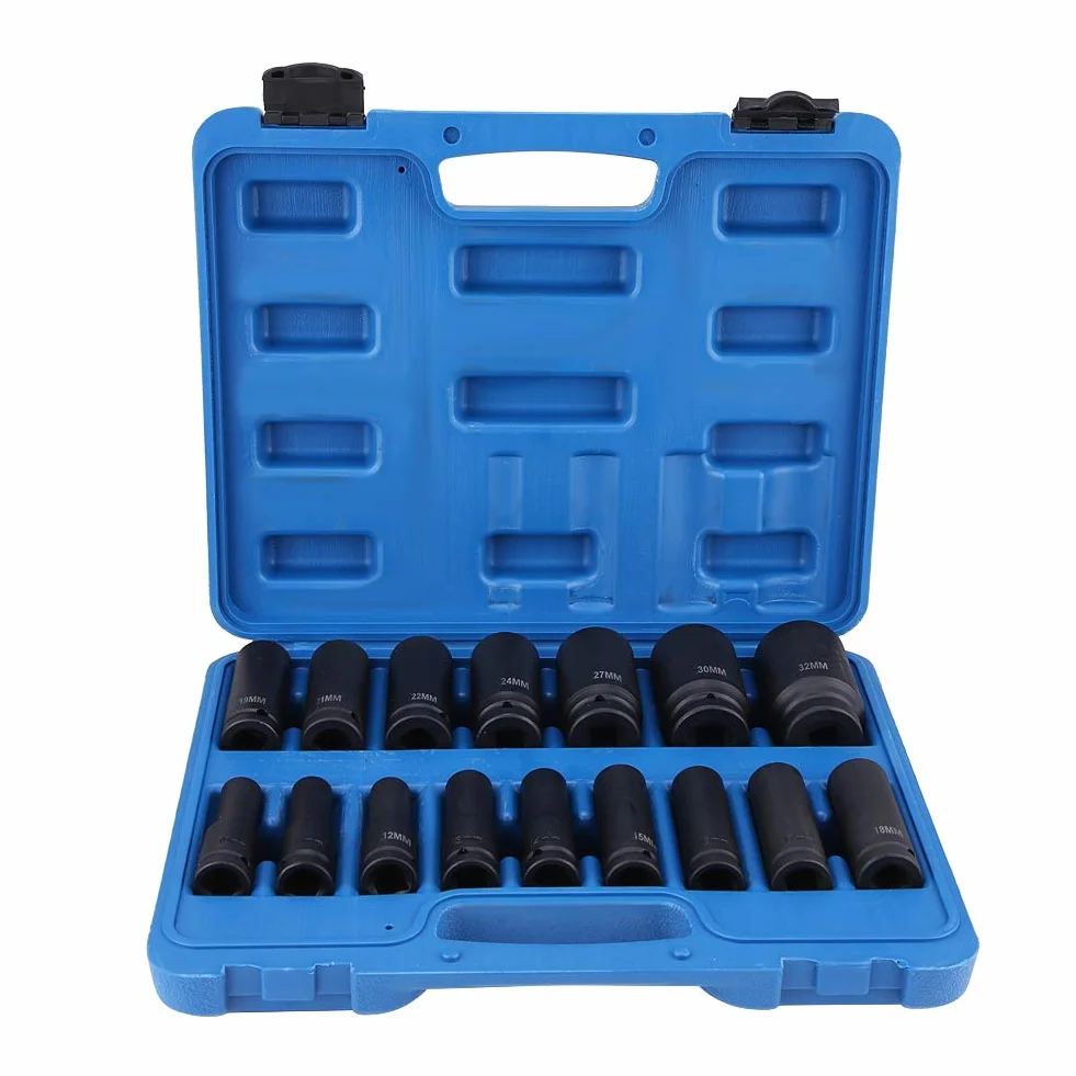 16 Sztuk 1/2 Cal Drive Air Hex Bit Zestaw Gniazd Zestaw Narzędzi do Naprawy 10 MM-32 MM Niebieska Plastikowa Obudowa Profesjonalne Komercyjne Okazjonalne Zastosowanie