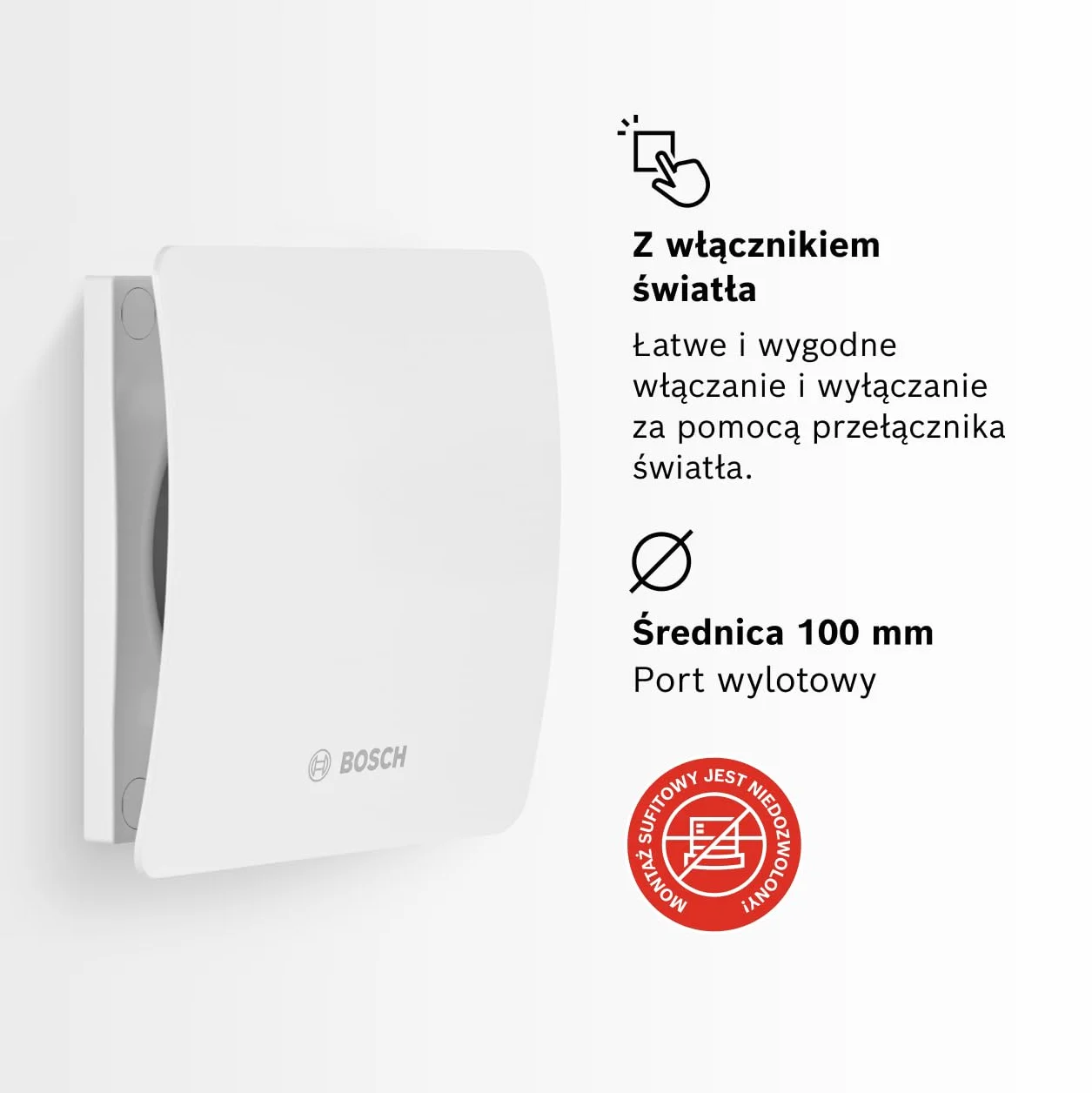 Bosch Wentylator Wyciągowy do Łazienki 1500 W 100 - Do Wentylacji w Łazience i Toalecie, Przeciw Wilgoci i Pleśni - Z Włącznikiem Światła - Średnica 100mm