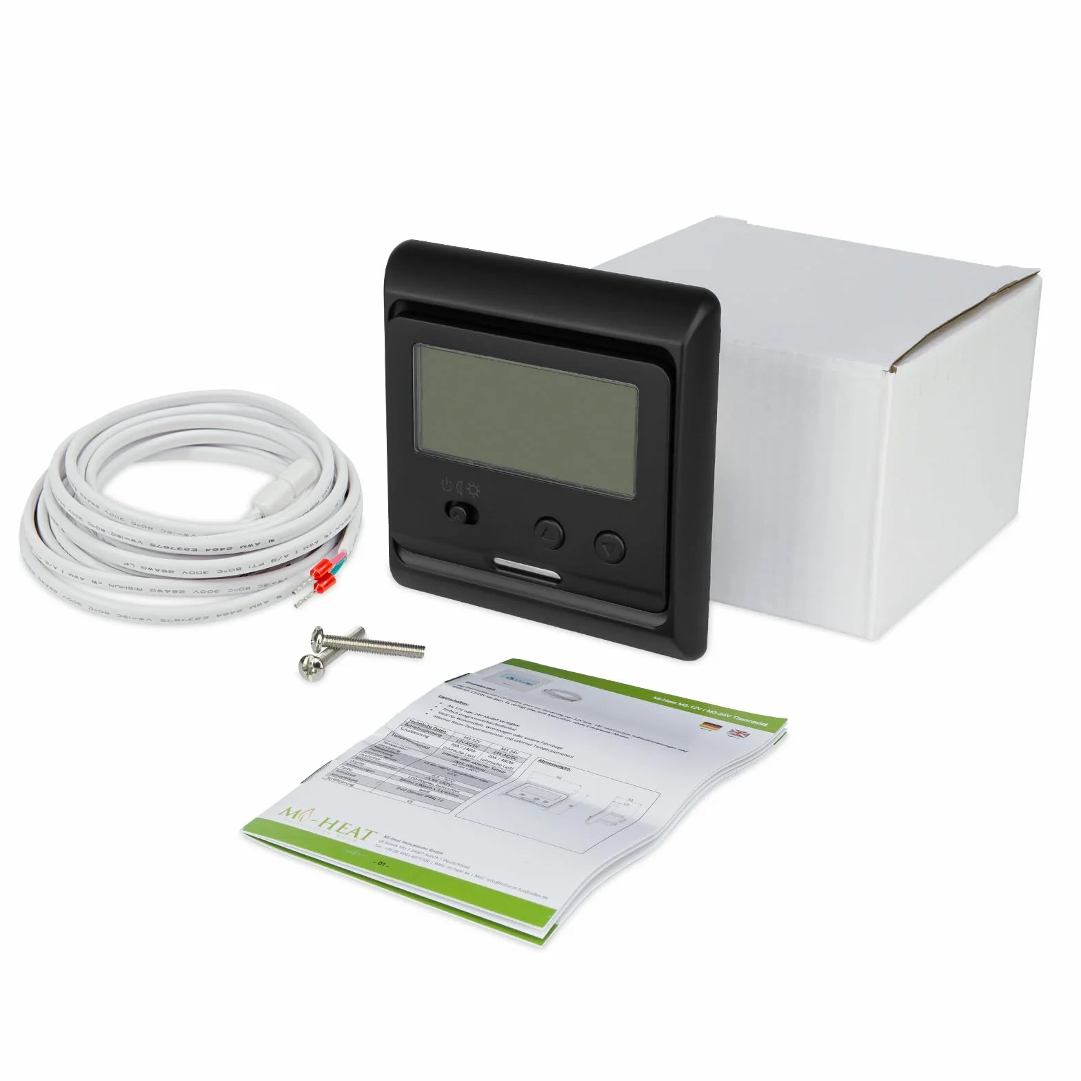 Termostat 12 V AC/DC, podtynkowy, czarny, INT. i EXT. czujnik, optymalny do elektrycznego ogrzewania podłogowego w przyczepie kempingowej/kamperze
