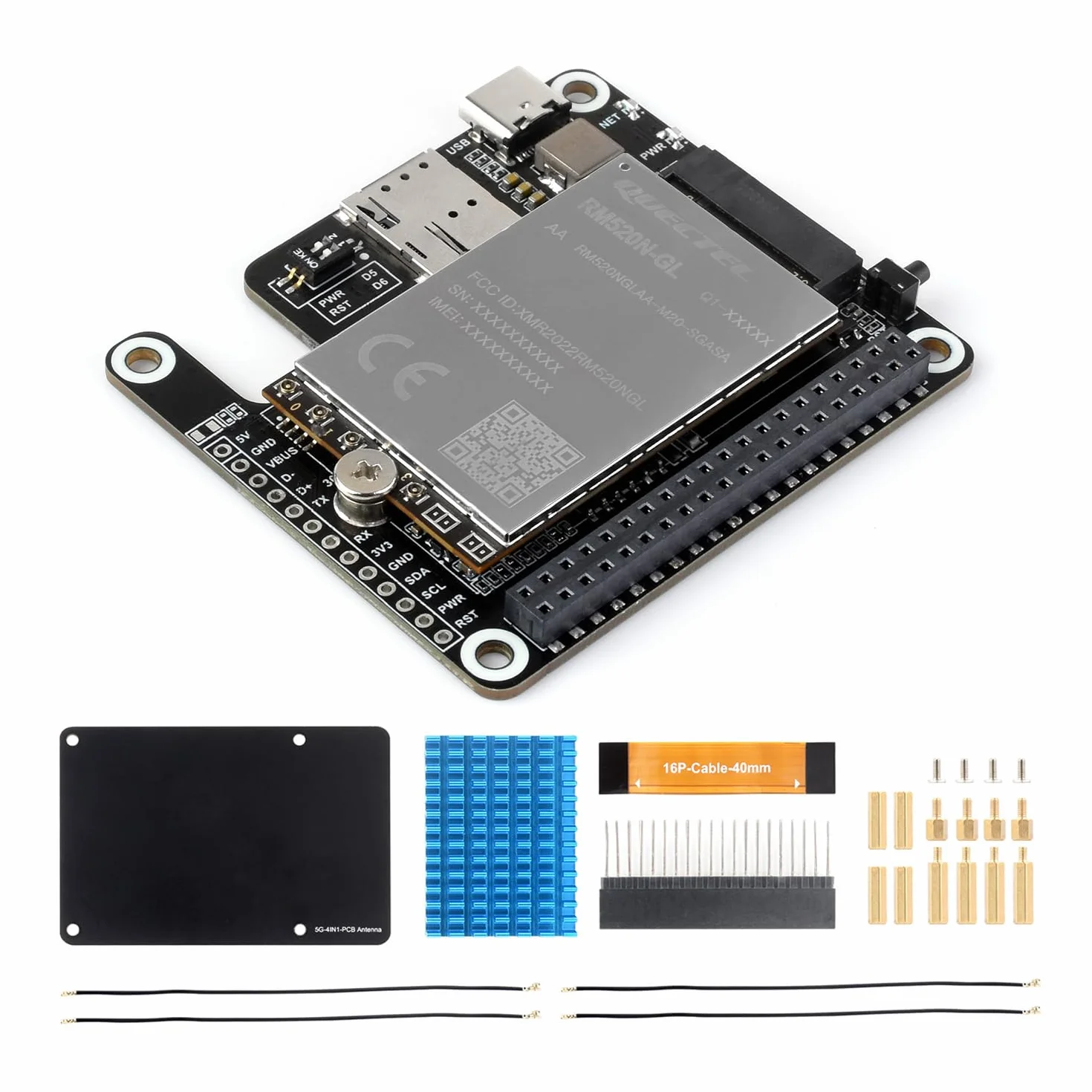 Waveshare PCIe to 5G HAT for Raspberry Pi 5, RM520N-GL 5G Module, SIMCom/Quectel Compatible