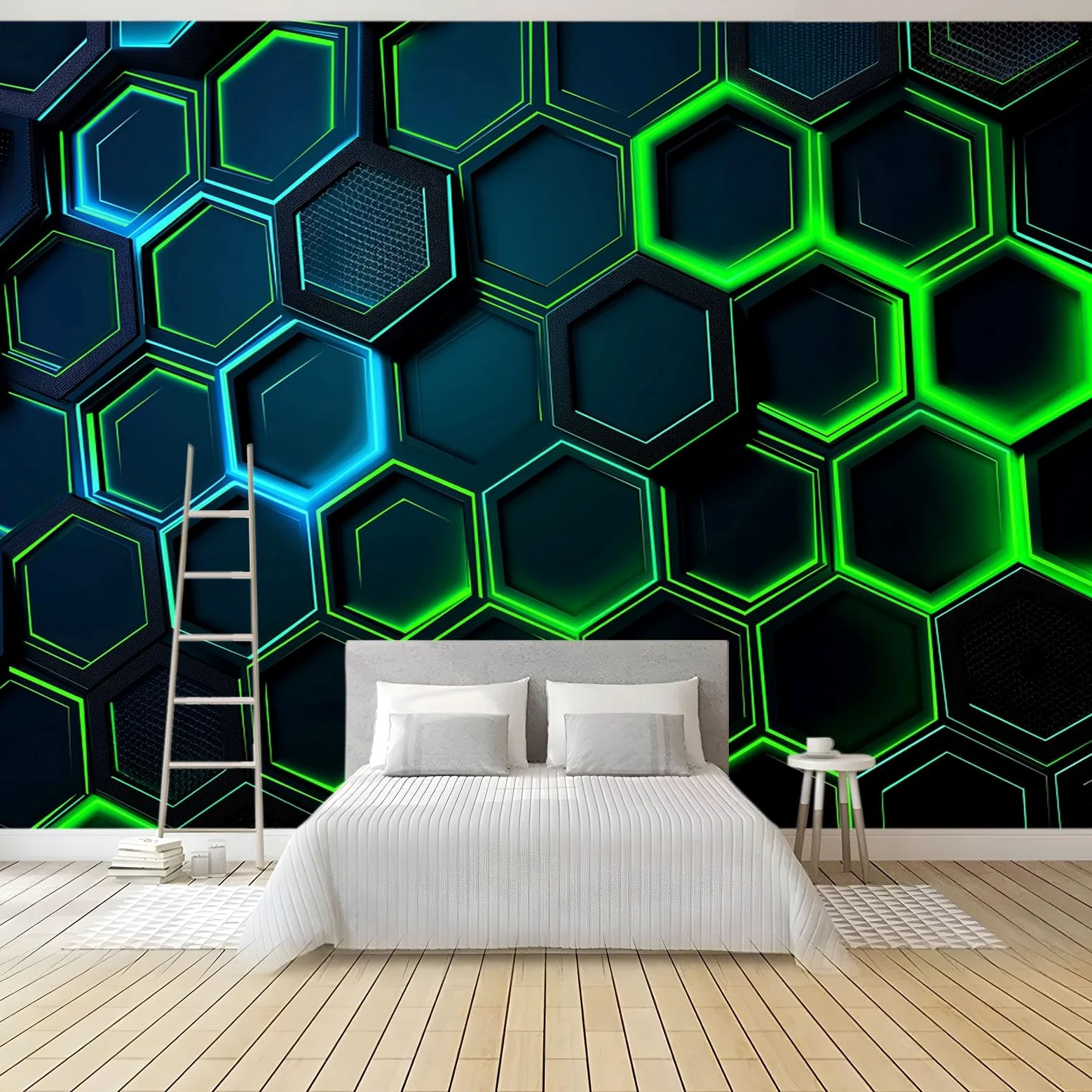 Tapeta, fototapeta, zielony, geometryczny plaster miodu, 250 x 175 cm, 3D, fototapeta, włóknina, duży plakat, do salonu, sypialni, korytarza, TV, tło, dekoracja ścienna, murale