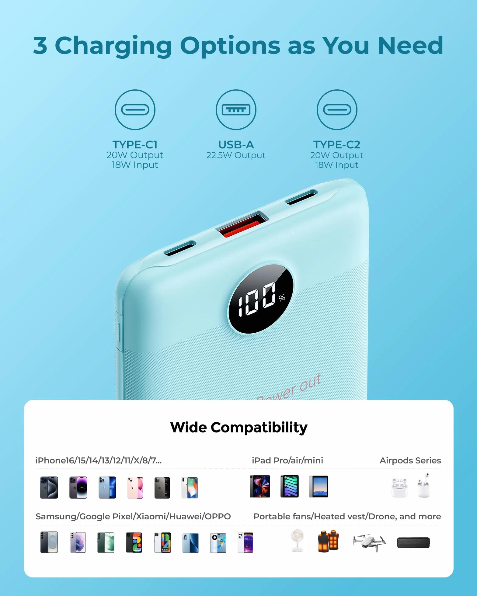 VEEKTOMX Mini Power Bank 10000mAh 22.5W Quick Charge PD 3.0 Szybkie Ładowanie Zewnętrzna Bateria Kompaktowa Ładowarka iPhone 16 (Blue)