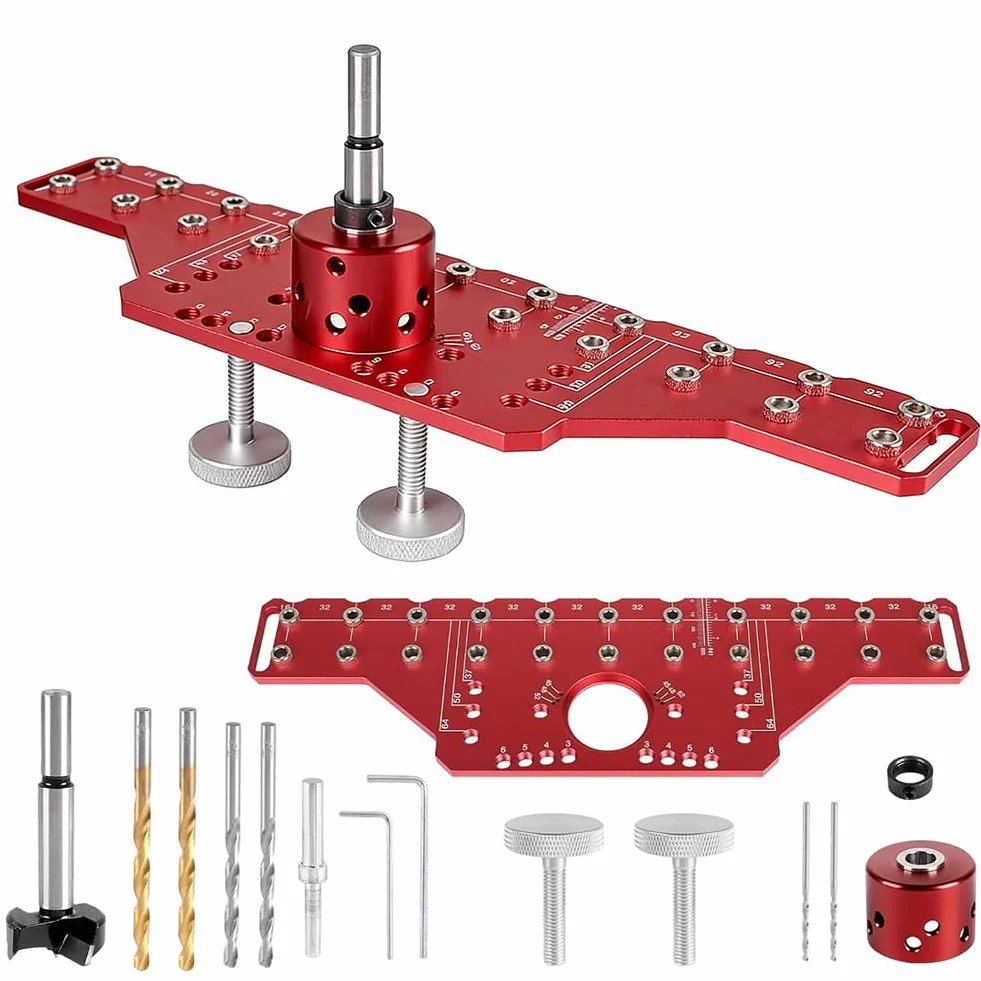 Szablon do wiercenia 2 w 1, wspornik półki i taśma doniczkowa 35 mm – aluminiowy szablon do wiercenia z tulejami prowadzącymi 5 mm/6,25 mm, raster 32 mm, w zestawie wiertło 5 mm i 6 mm – precyzyjne