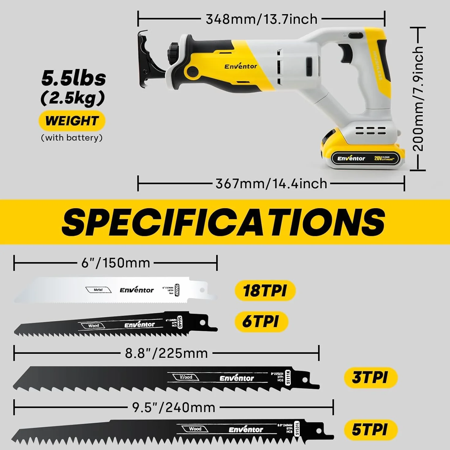 ENVENTOR 20V Bezszczotkowa Piła Szablasta, 2 x 2.0 Ah, 0-3000 RPM, 5 Brzeszczotów