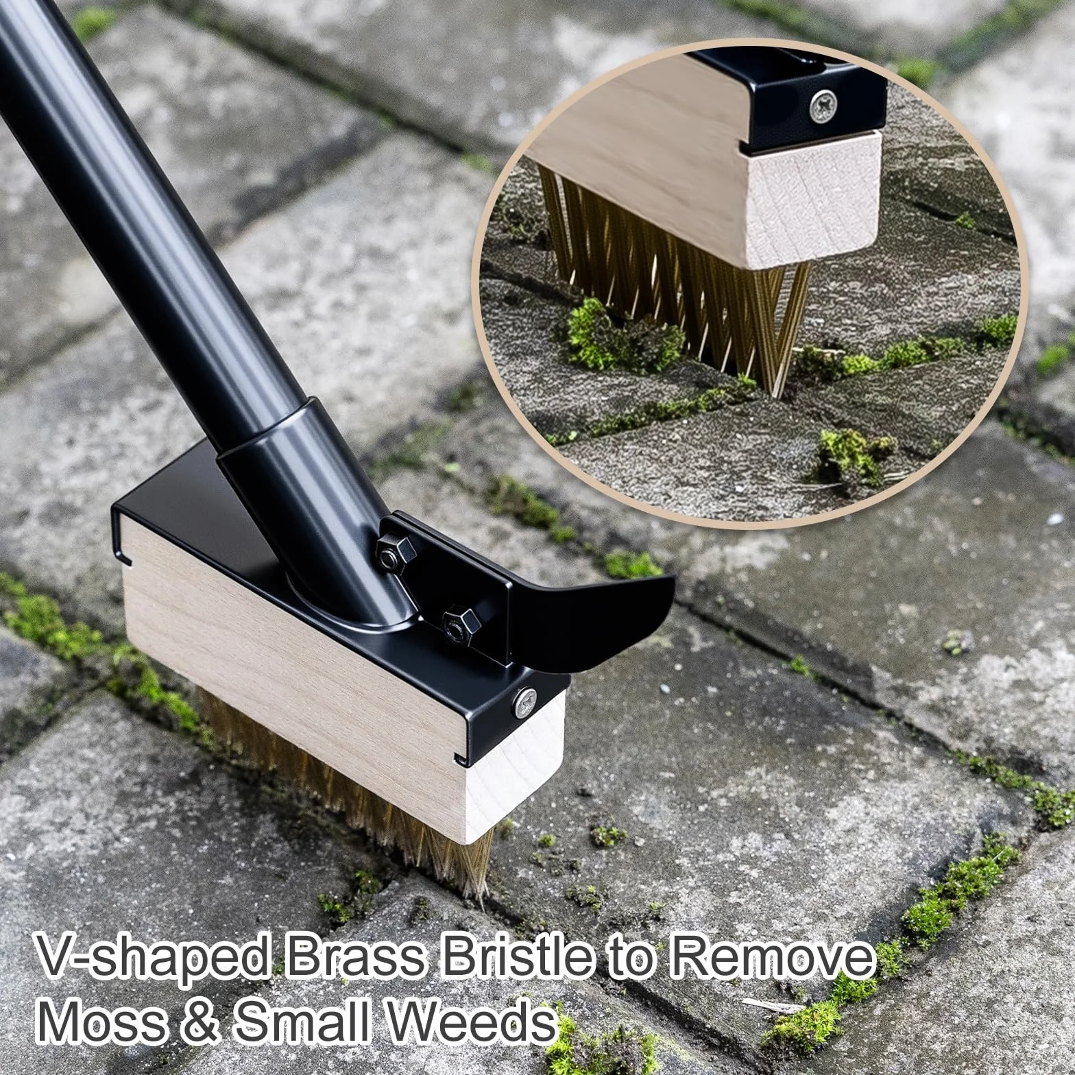 Mitclear Szczotka do Usuwania Chwastów z Długim Uchwytem(128cm), Narzędzie ze Szczotką Drucianą w Kształcie V i Skrobakiem, do Czyszczenia Płyt Pavingowych(4 Głowicami Szczotek)