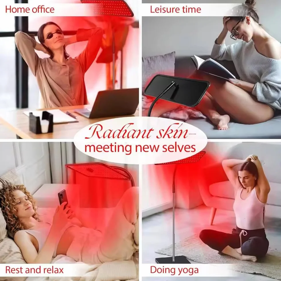 Lampa z czerwonym światłem, lampa stojąca, czerwone światło z cokołem, 126 LED 660 nm i 850 nm z cokołem, szyja wannowa 360°, regulacja wysokości, 4 poziomy jasności i timer, do łagodzenia twarzy