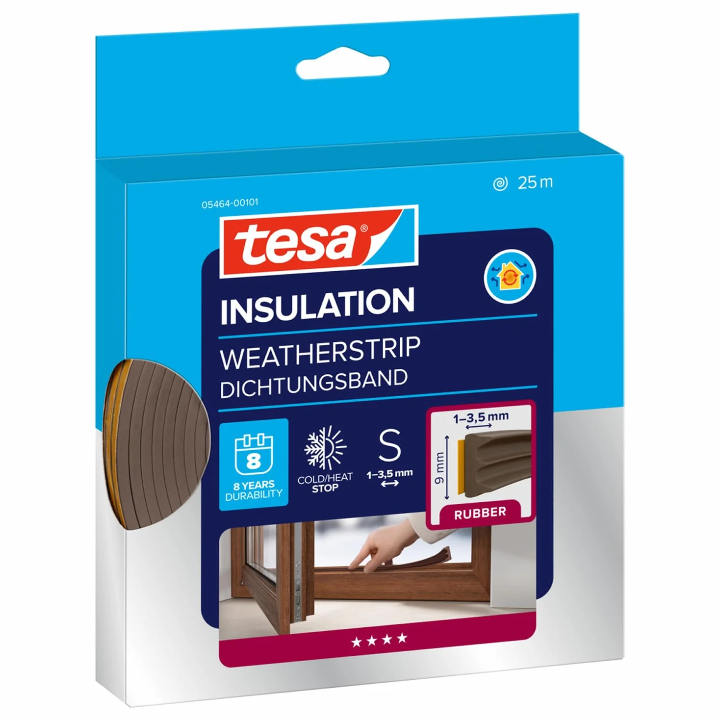 tesa INSULATION S taśma uszczelniająca - Samoprzylepna gumowa uszczelka do izolacji szczelin w oknach i drzwiach - Brązowa - 25 m x 9 mm x 4 mm
