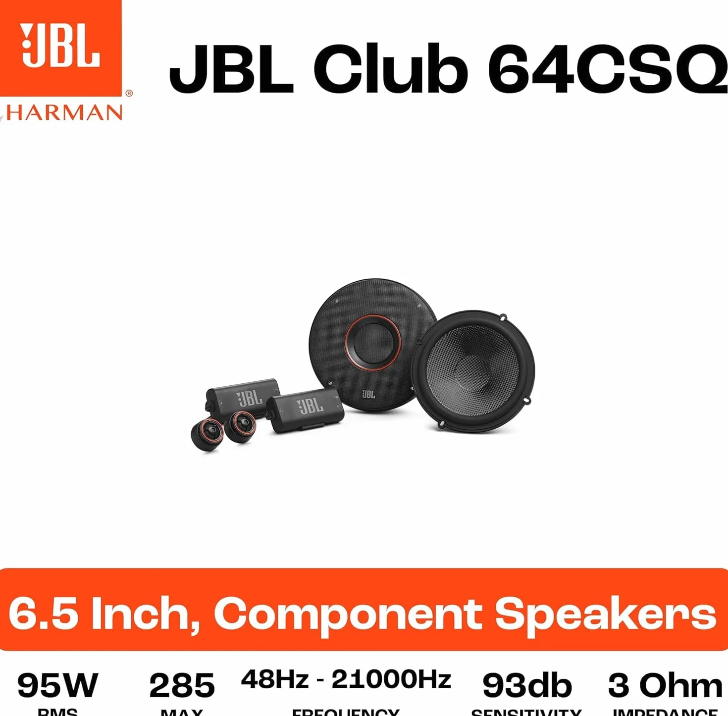 JBL Club 64CSQ Gen 3-165 mm zestaw głośników samochodowych firmy Harman Kardon w wysokiej jakości dźwięku – Ultimate Compo Upgrade: 285 W, głośnik niskotonowy z włókna węglowego i niesamowity magnes
