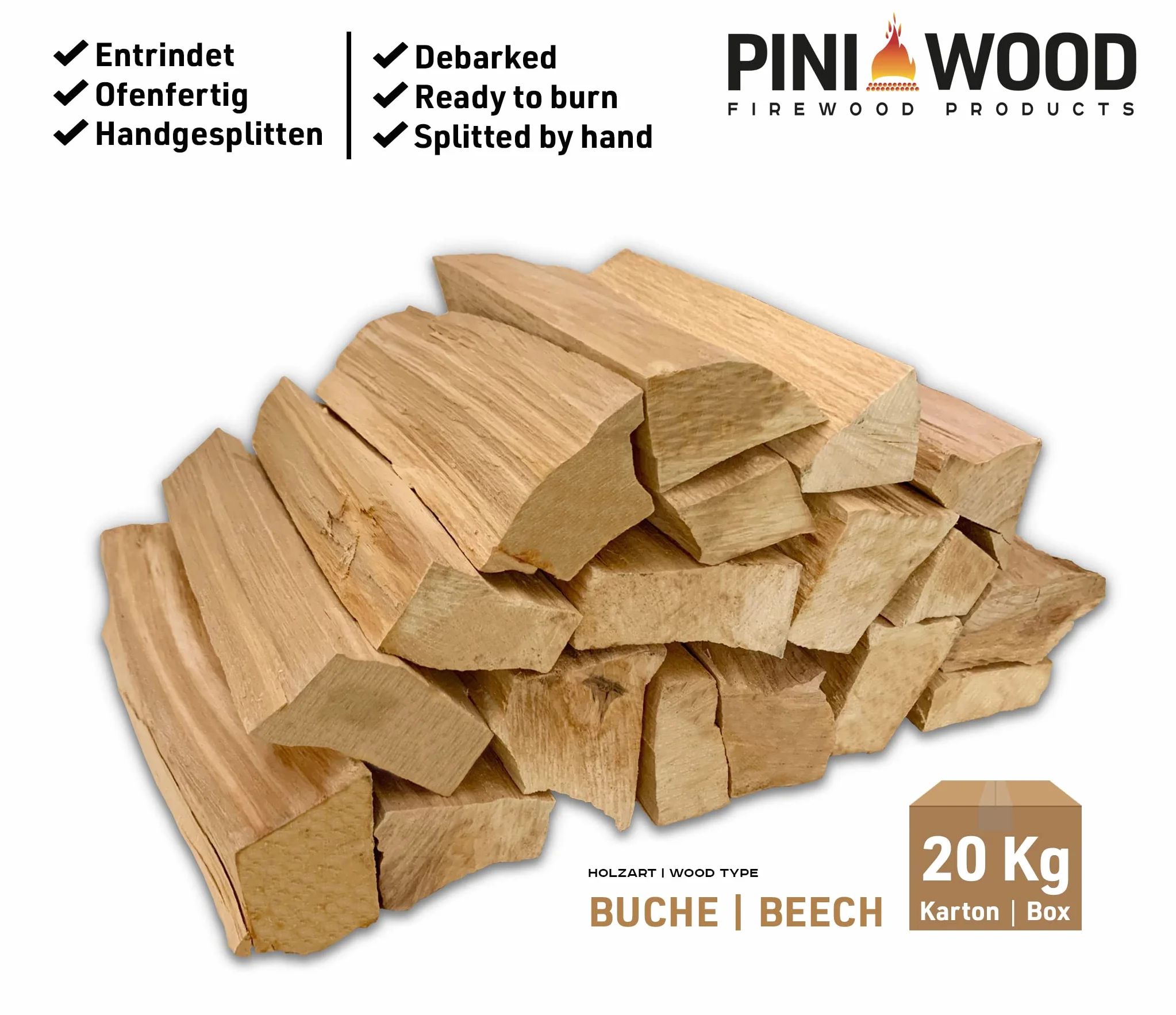 PINI Drewno do grillowania bez kory, bukowe drewno opałowe, 20 kg, 30-33 cm, do pieca do pizzy, grilla, wędzarni, kominka, paleniska