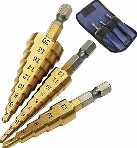 Zestaw wierteł stopniowych z rowkiem spiralnym, Zestaw wierteł stopniowych HSS 3 szt., stożkowe wiertła do otworów, metryczne, 1/4", powlekane tytanem, metalowe wiertła sześciokątne(3pcs4 12 3 20 4 20