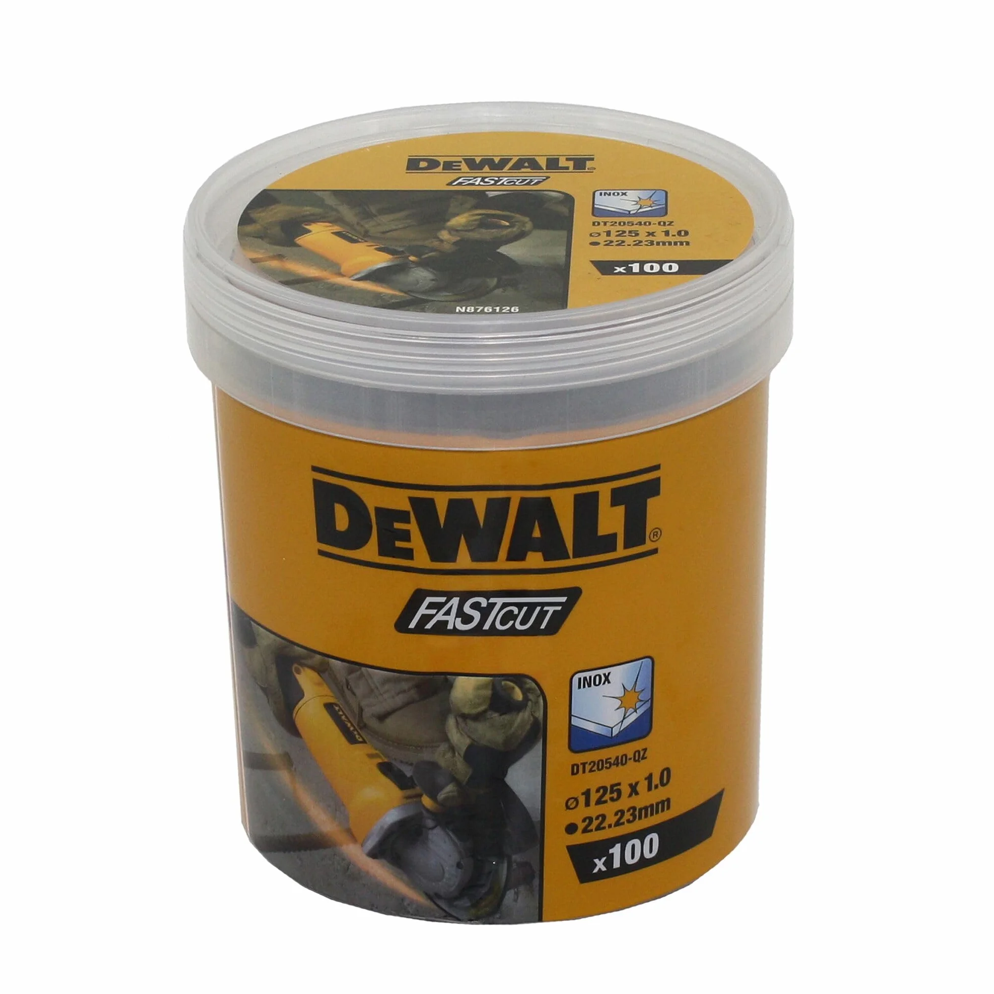 Dewalt High Performance tarcze tnące DT20540 (Ø 125 mm x 1,0 mm, typ 41 (płaskie), otwór 22,23 mm, do stali Inox, z tlenkiem glinu, do stosowania na szlifierkach kątowych, 100 sztuk w wiaderku)