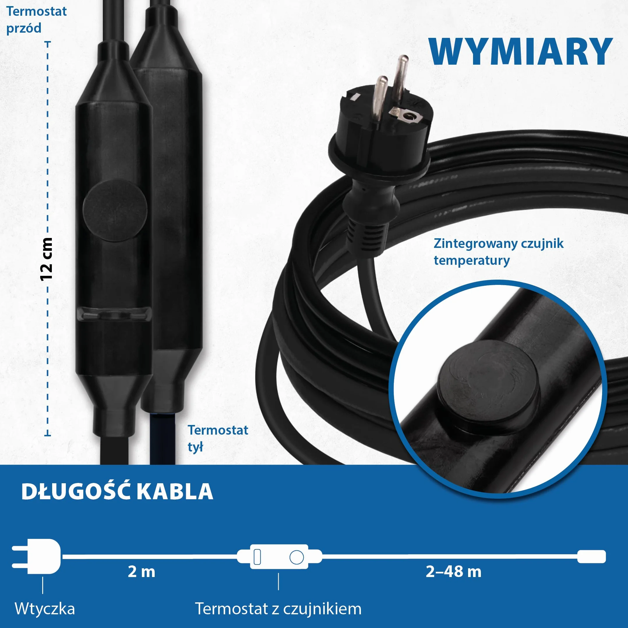 Kabel grzejny przeciwzamrożeniowy 15 W/m 12 m z termostatem +5°C/+15°C