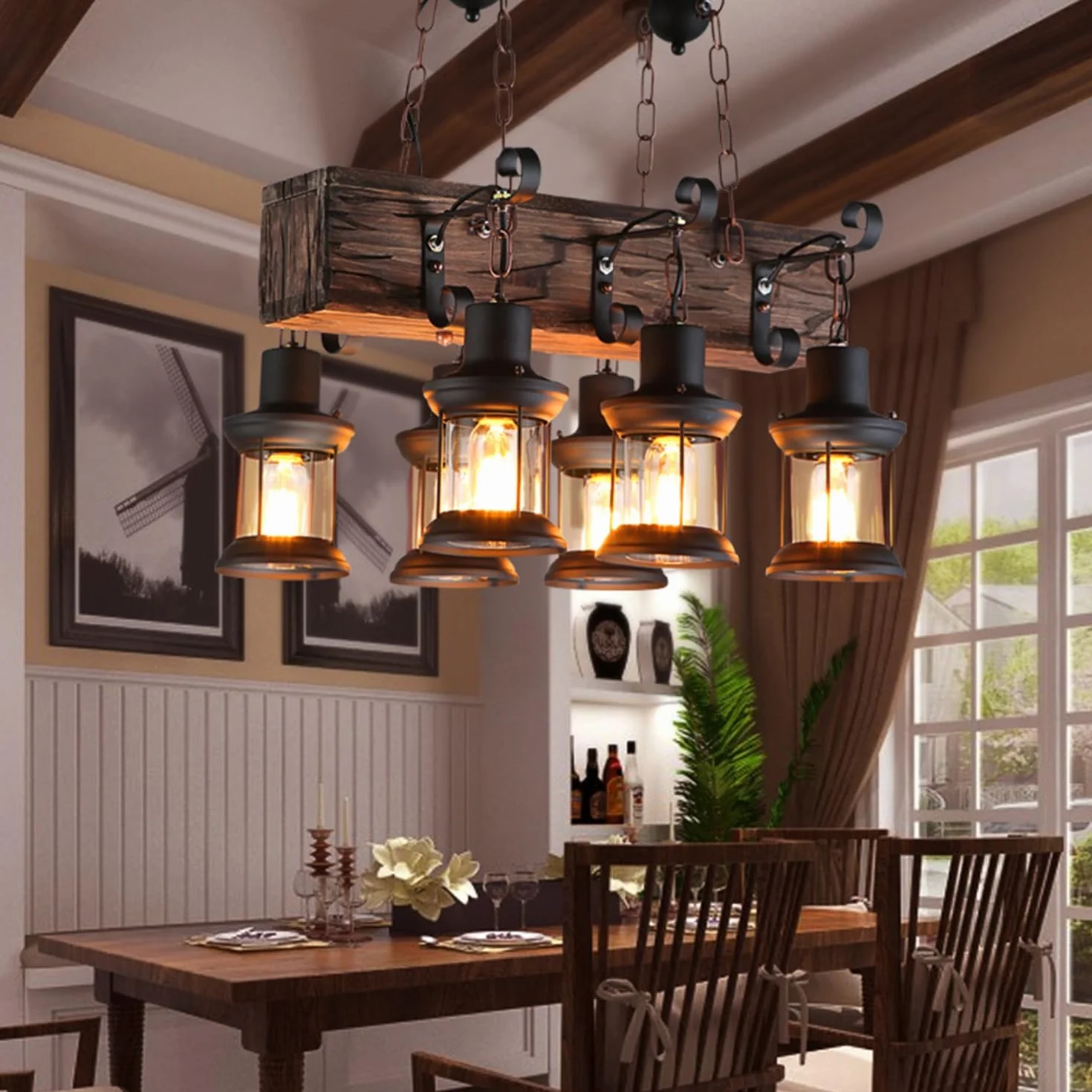 Lampa wisząca w stylu vintage, E27, rustykalna, drewniana belka, Edison, wisząca lampa sufitowa, drewniana, z regulacją wysokości, industrialna lampa wisząca
