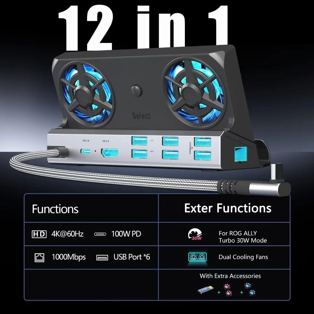YCE Stacja dokująca 12 w 1 Podwójne wentylatory chłodzące HDMI 2.0 6 portów USB 1000 Mbps 100 W PD 40 Gb/s
