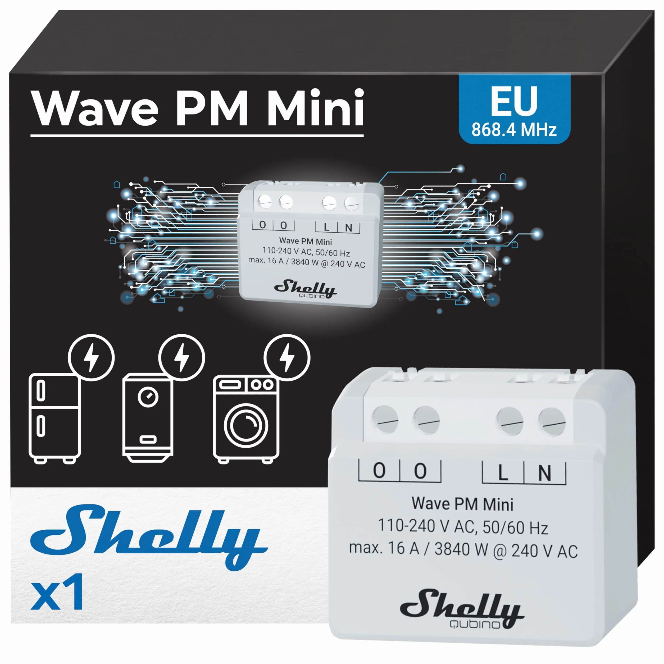Shelly Wave PM Mini – Jednokanałowy Inteligentny Moduł Pomiaru Mocy Z-Wave 16A, Zdalne Sterowanie, Monitorowanie energii, Wymagana bramka Z-Wave, Niski Pobór Mocy