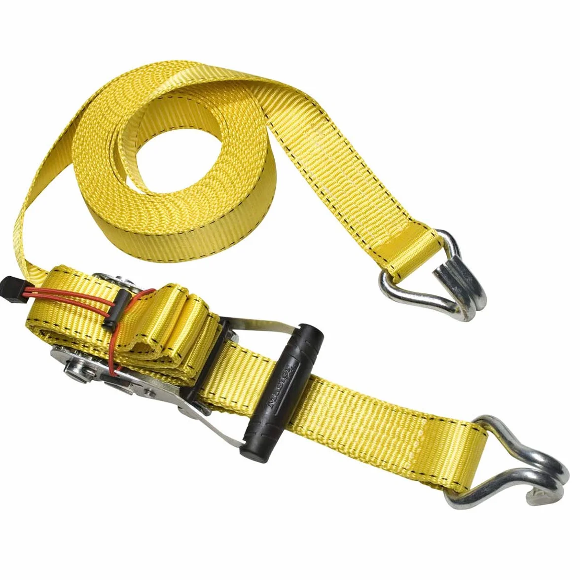 Master Lock 3059EURDAT pasek mocujący z grzechotką z haczykami typu J, żółty, pasek 8,25 m x 50 mm
