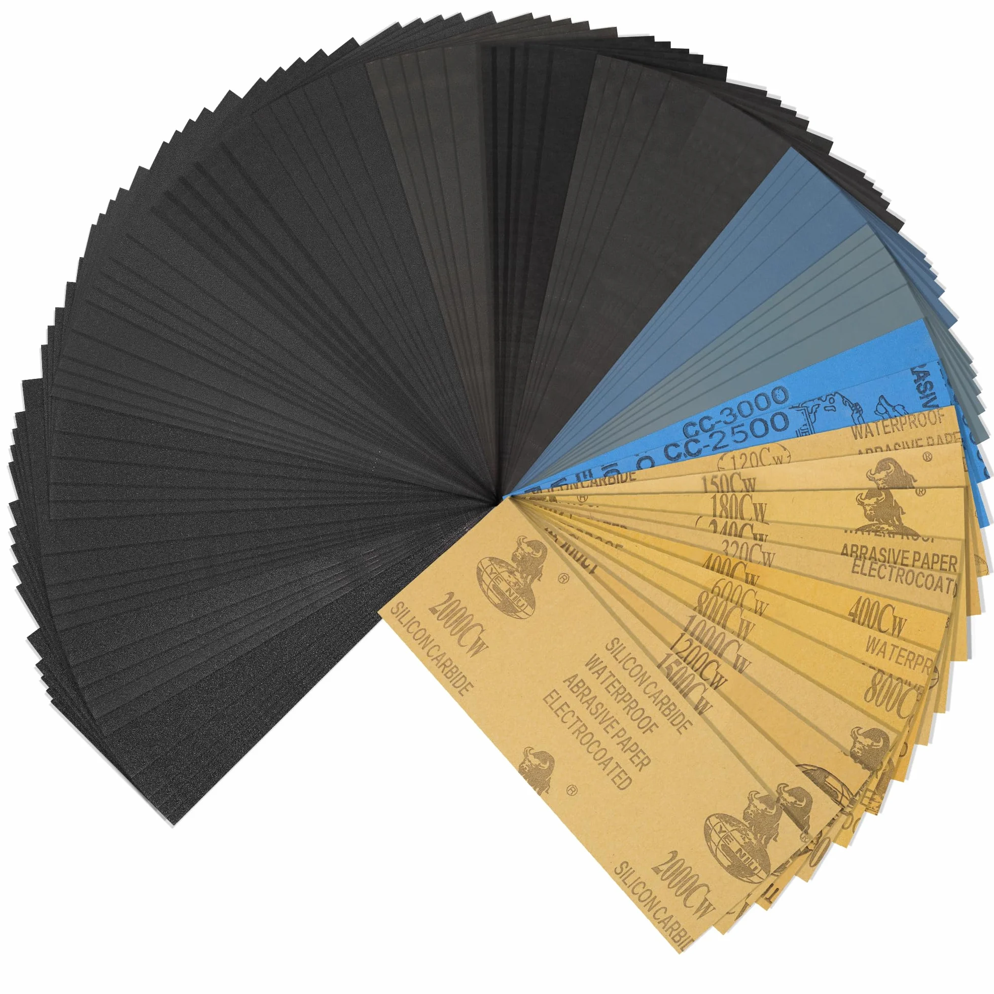 Zestaw papieru ściernego, 70 sztuk papieru ściernego na mokro o ziarnistości od 120 do 3000, na mokro i na sucho do samochodu, mebli drewnianych, kamienia, lakieru, metalu, szkła, 23 x 9 cm