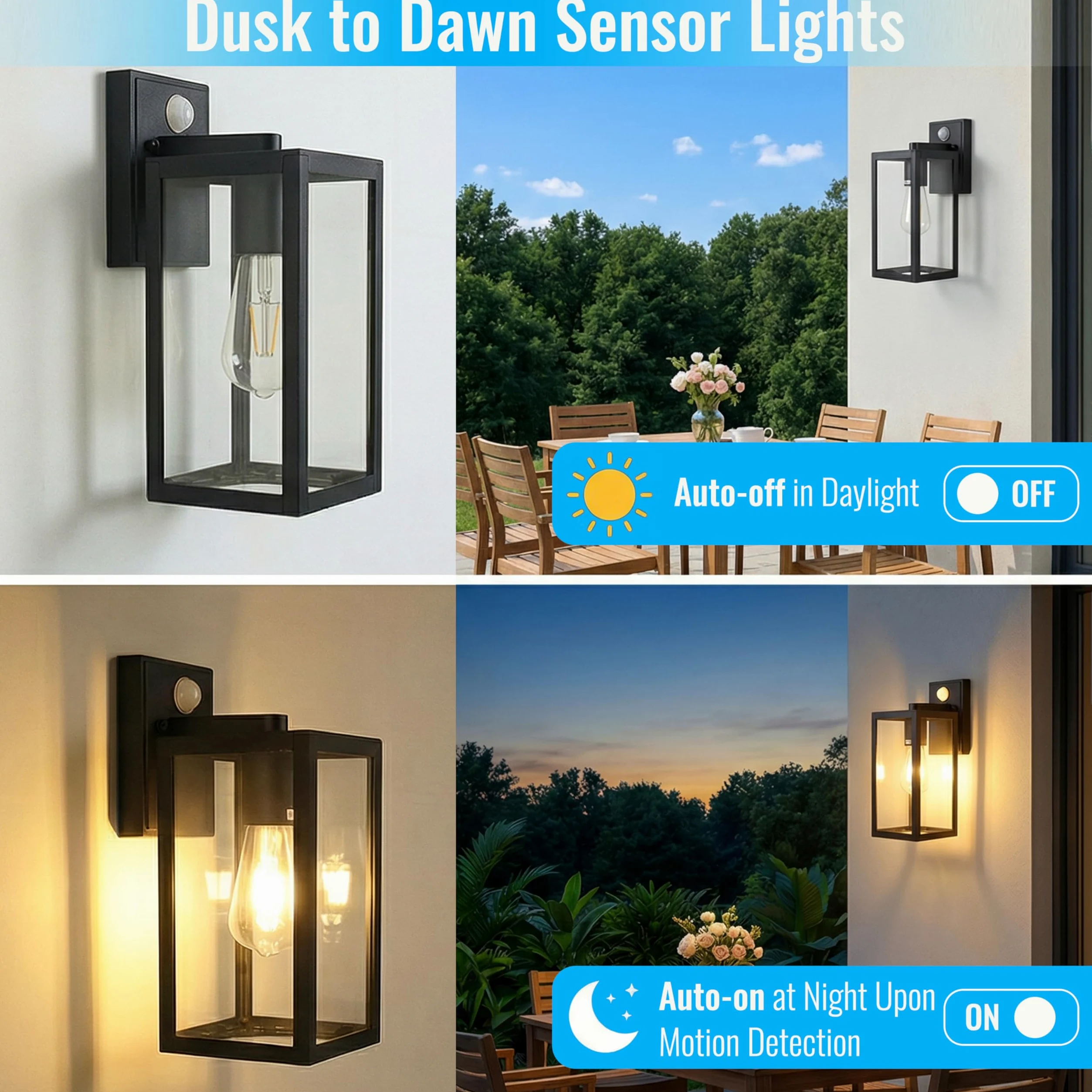 Zewnętrzna lampa ścienna z czujnikiem ruchu, lampa ścienna PIR zewnętrzna E27 czarna, 2 sztuki | Wysokiej jakości aluminiowy czujnik zmierzchu; do drzwi wejściowych, garażu lub tarasu. Światło bezpieczeństwa