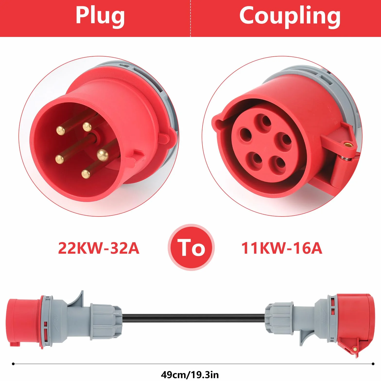 Adapter CEE, wtyczka 32 A (22 kW) na złącze 16 A (11 kW), 5-biegunowy, 400 V, długość 50 cm, stopień ochrony IP44, gumowy wąż