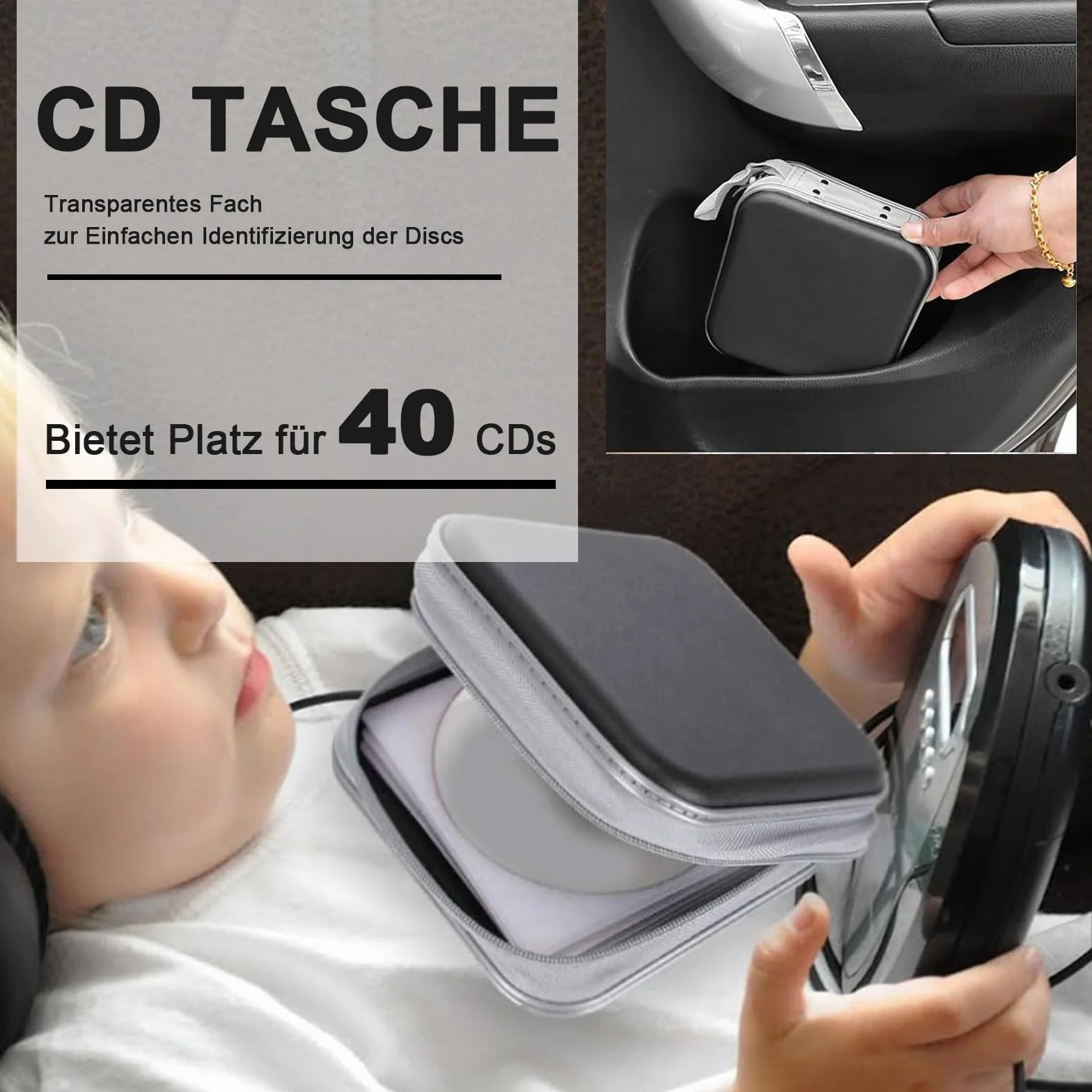Torba na 40 płyt CD, etui na płyty CD/DVD, z zamkiem błyskawicznym, torebka Oxford, mapka do przechowywania, oszczędność miejsca do samochodu i domu (czarny-twardy plastik)
