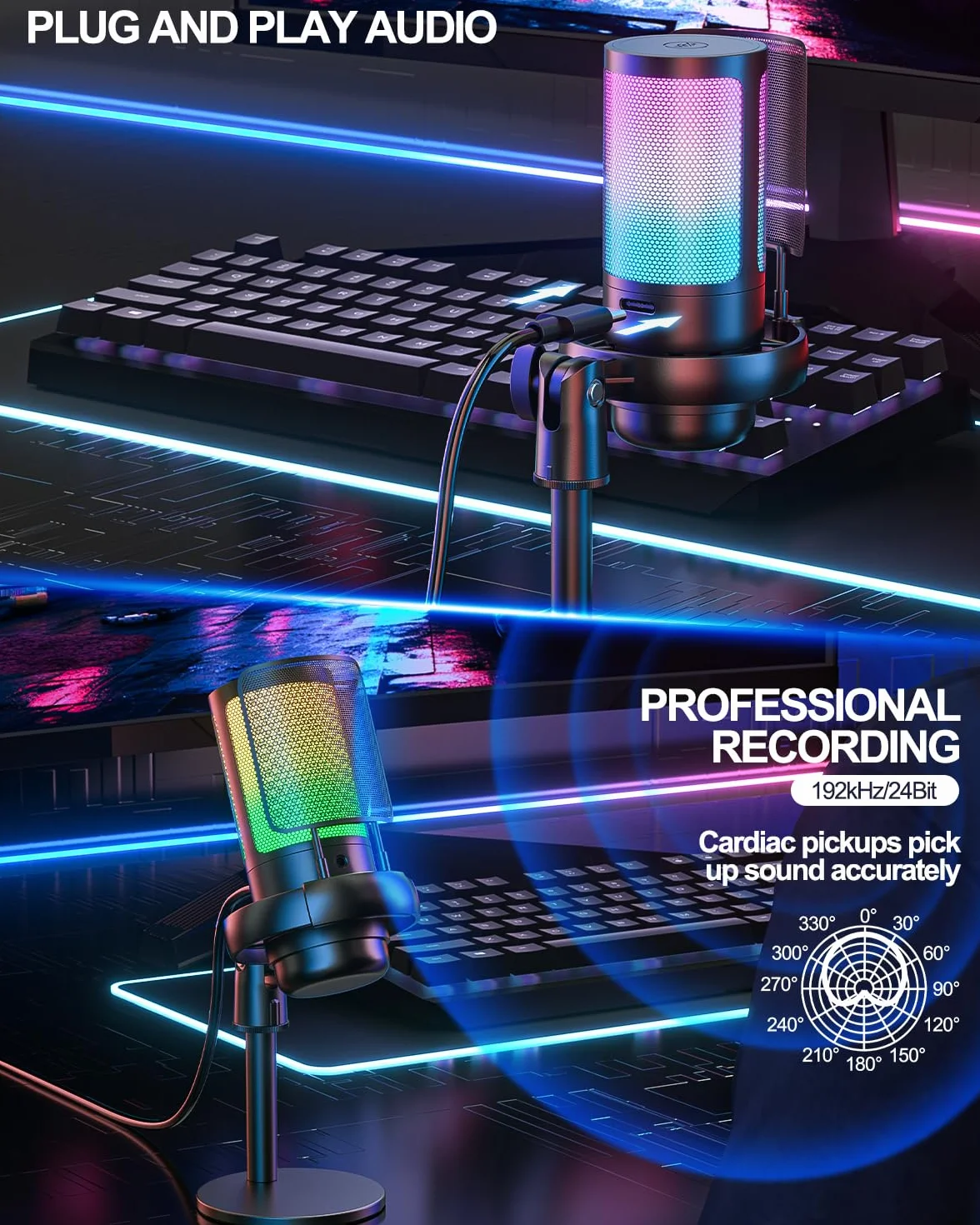 Anykuu Mikrofon Pojemnościowy RGB 24-bit/192 kHz do Gier z Wyciszeniem Jednym Klawiszem USB