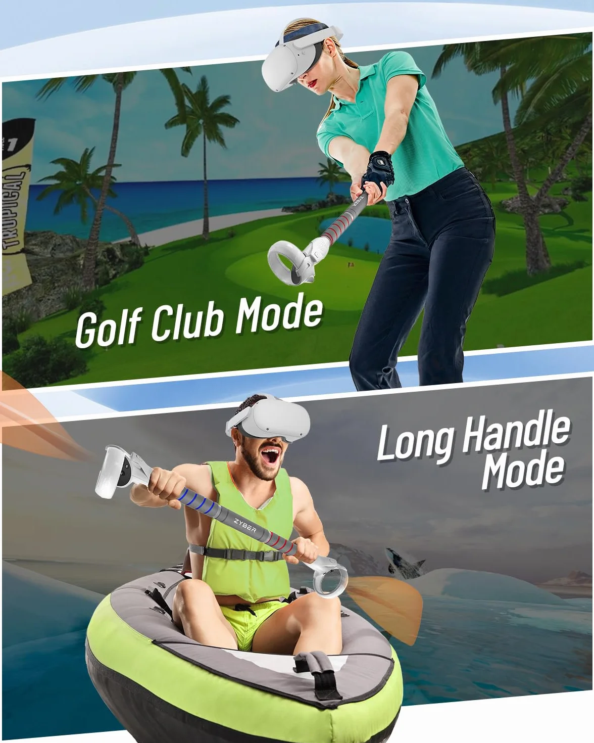 ZYBER Uchwyt 3 w 1 do Oculus Quest 2, VR Gorilla Tag długie ramiona do Meta Quest 2 Beat Saber Golf Club Baseball