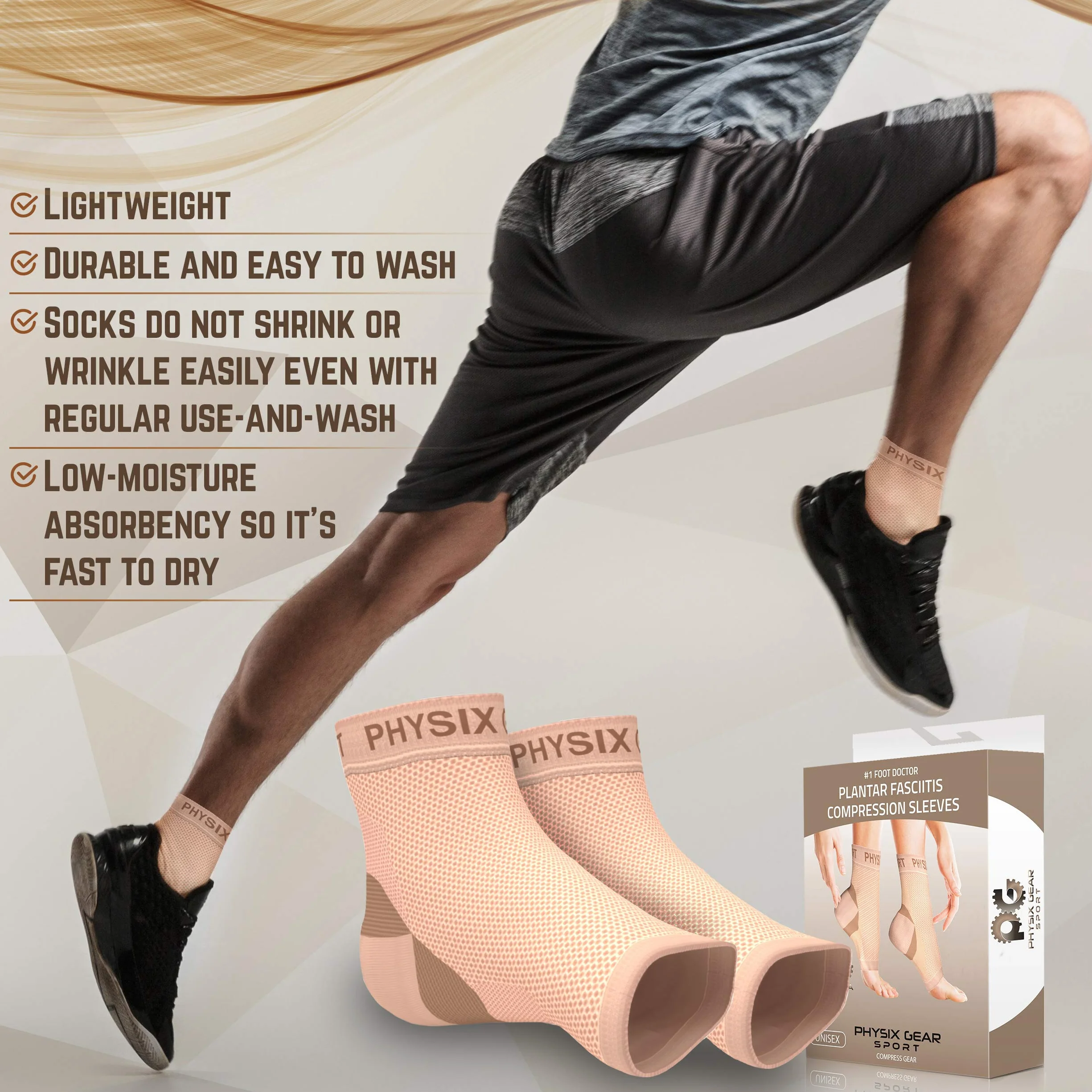 Physix Gear Skarpety kompresyjne do zapalenia powięzi podeszwy, zastępuje opaskę na podeszwę, do łączenia z płaską podeszwą, buty ortopedyczne (1 para beżowo-L/XL)