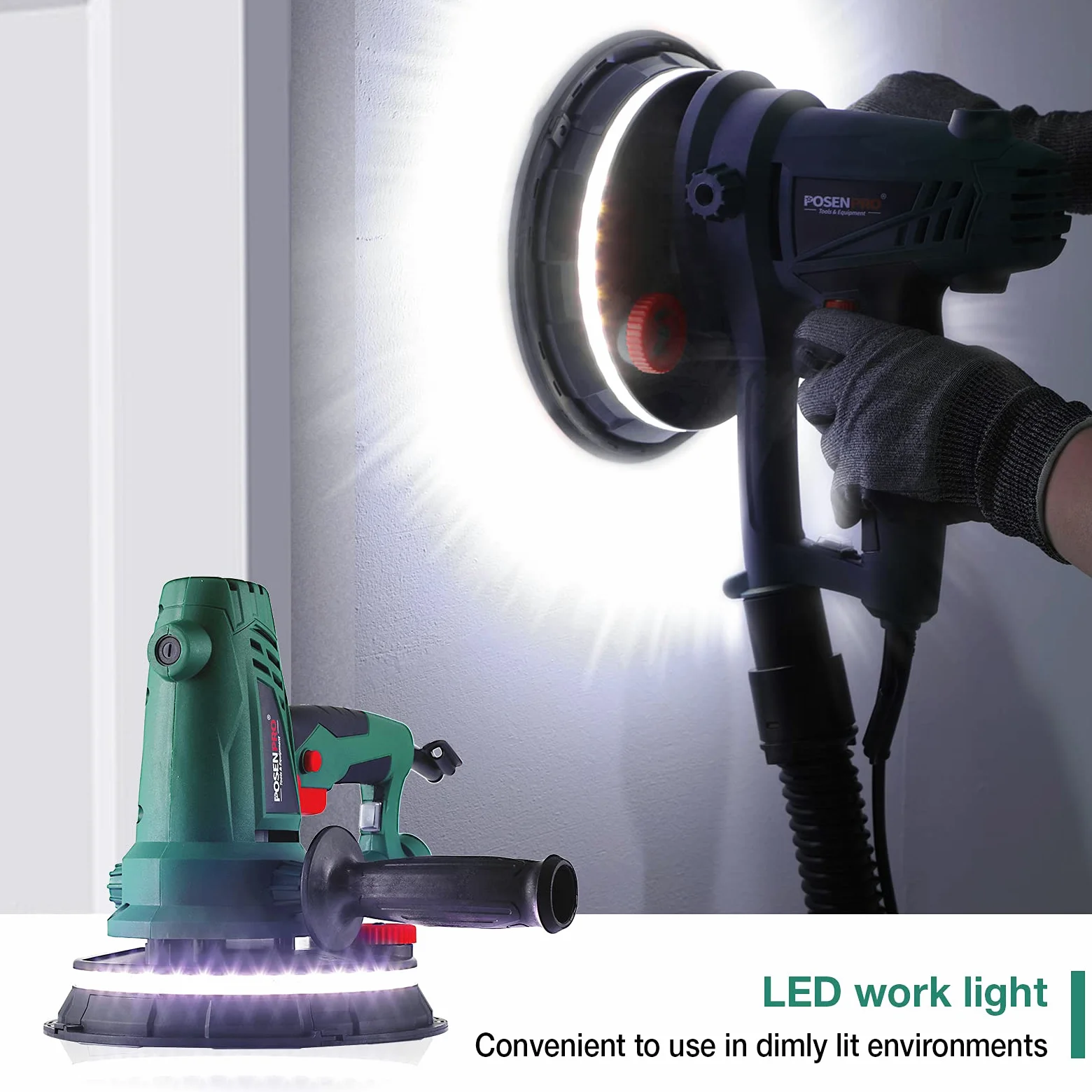 Szlifierka do suchej zabudowy, POSENPRO 750 W, 180 mm, szlifierka sufitowa, szlifierka ścienna, zmienna prędkość 1500-2700 obr./min, światło LED, worek na kurz i wąż ssący, 6 papieru ściernego, kabel