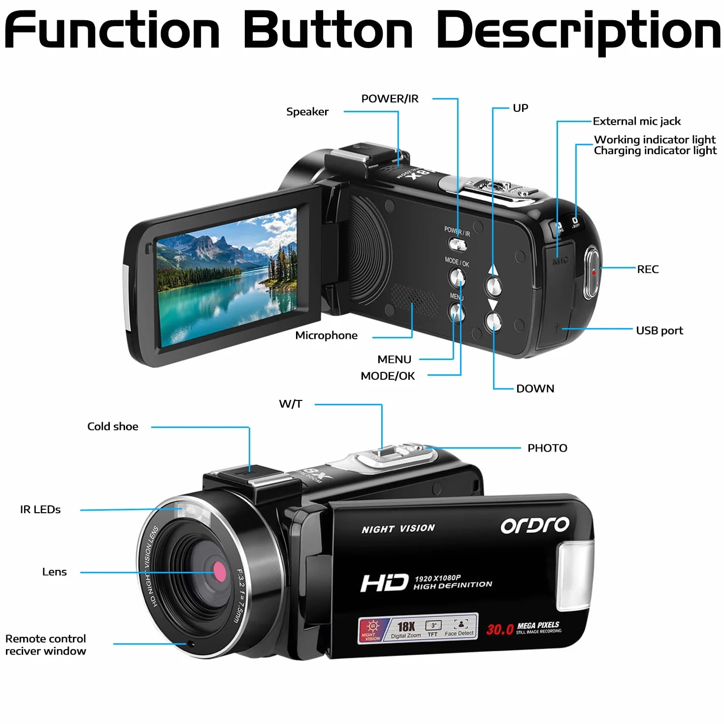 ORDRO Full HD 1080P 30MP kamera wideo 18x zoom cyfrowy IR noktowizor 3,0" obrotowy ekran 16GB 2 akumulatory czarny