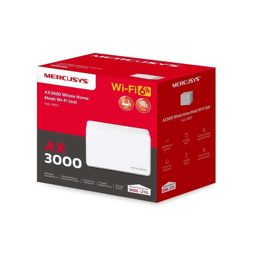 Mercusys TP-Link Halo H80X Mesh Wi-Fi 6 AX3000Mbps Dual-Band, 3 porty Gigabit WAN/LAN, pokryte do 270 m2, MU-MIMO, WPA3, sterowanie za pomocą aplikacji, 1 szt