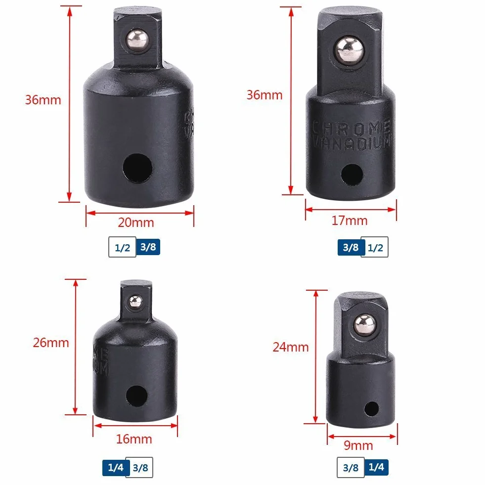 4 szt. gniazda śrubokręt konwerter reduktor zestaw czarny klucz nasadowy adaptery 1/2", 3/8", 1/4"