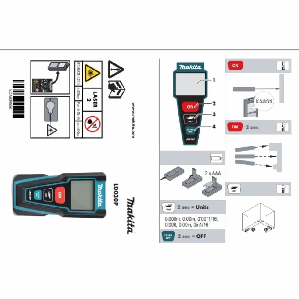 Makita LD030P Dalmierz Laserowy 30 m Niebieski Czarny