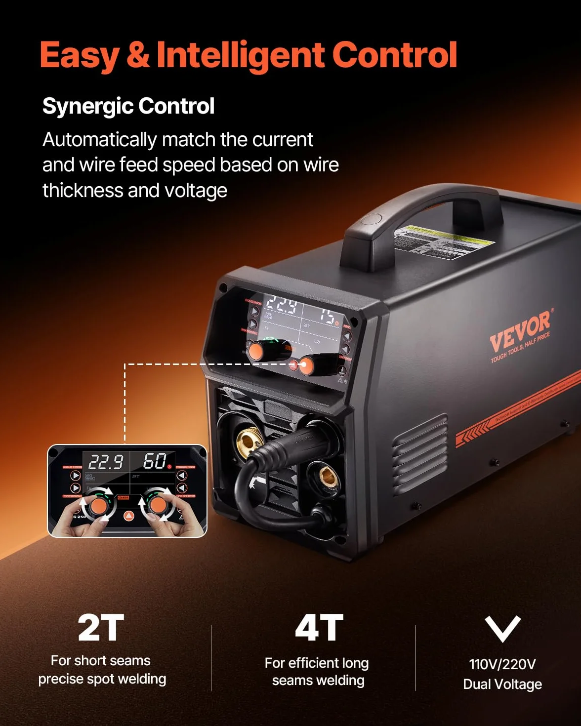 VEVOR Spawarka MIG, 250 A, spawarka synergiczna, przenośna spawarka gazowa MIG, bezgazowa, MMA, 5 w 1, z technologią Inverter IGBT, wyświetlacz LCD, latarka podnosząca TIG nie wchodzi w zakres dostawy