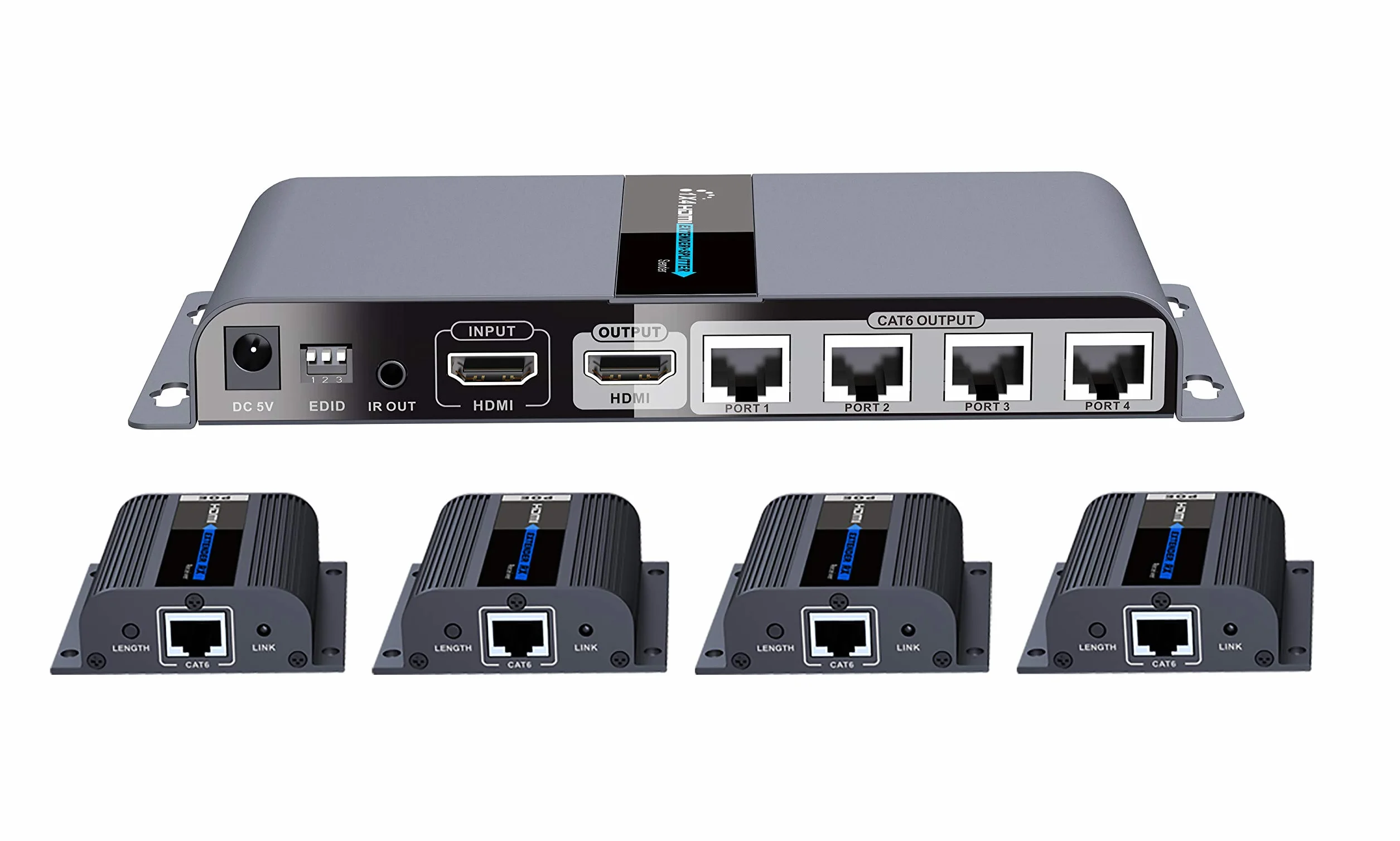 PremiumCord HDMI 1-4 Splitter + 4x Extender za Pomocą Kabla CAT6/6a/7, z Zasilaczem, Metalowa Obudowa, Rozdzielczość Wideo Full HD 1080p 60Hz, 3D, HDCP, Kolor Czarny