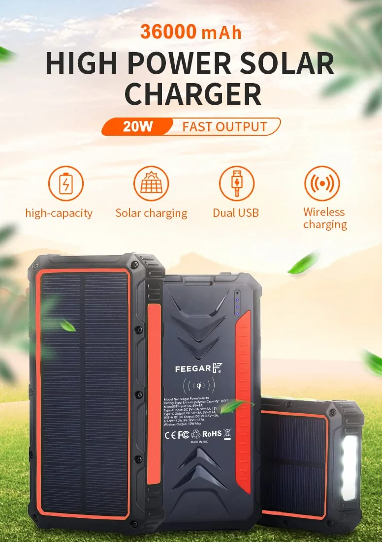 Feegar Solar Powerbank, 36000mah Wireless Power Bank, Ładowarka słoneczna PD20W szybkie ładowanie USB A/C 4 wyjścia i oświetlenie kempingowe, Kompatybilny z aparatem iPhone Smartphone iPad i nie tylko