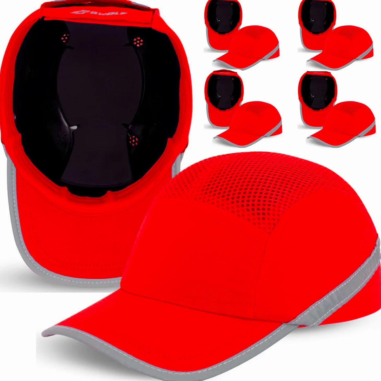BWOLF TRIVOR m?ska zatyczka, kask ochronny z os?on? ABS, EN 812, z paskami odblaskowymi, kolor czerwony, 5 sztuk