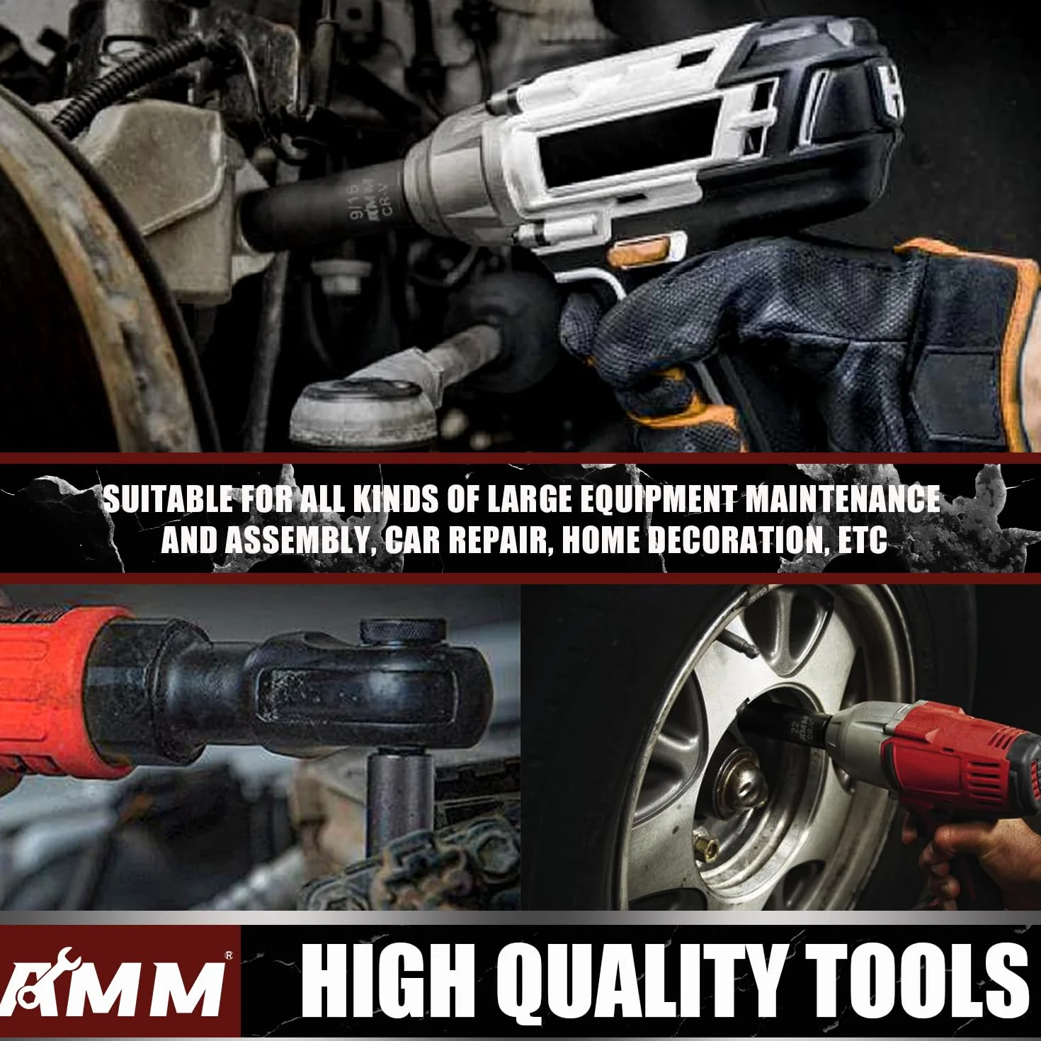 AMM Zestaw nasadek udarowych 3/8”, 48 szt., standard SAE (5/16 do 3/4”), rozmiar metryczny (8–22 mm), drążek przedłużający 7,6 i 15,2 cm, uniwersalne złącze udarowe, adapter udarowy 3/8 do 1/2”, CR-V